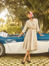 Beige Jute Godet Belted Dress