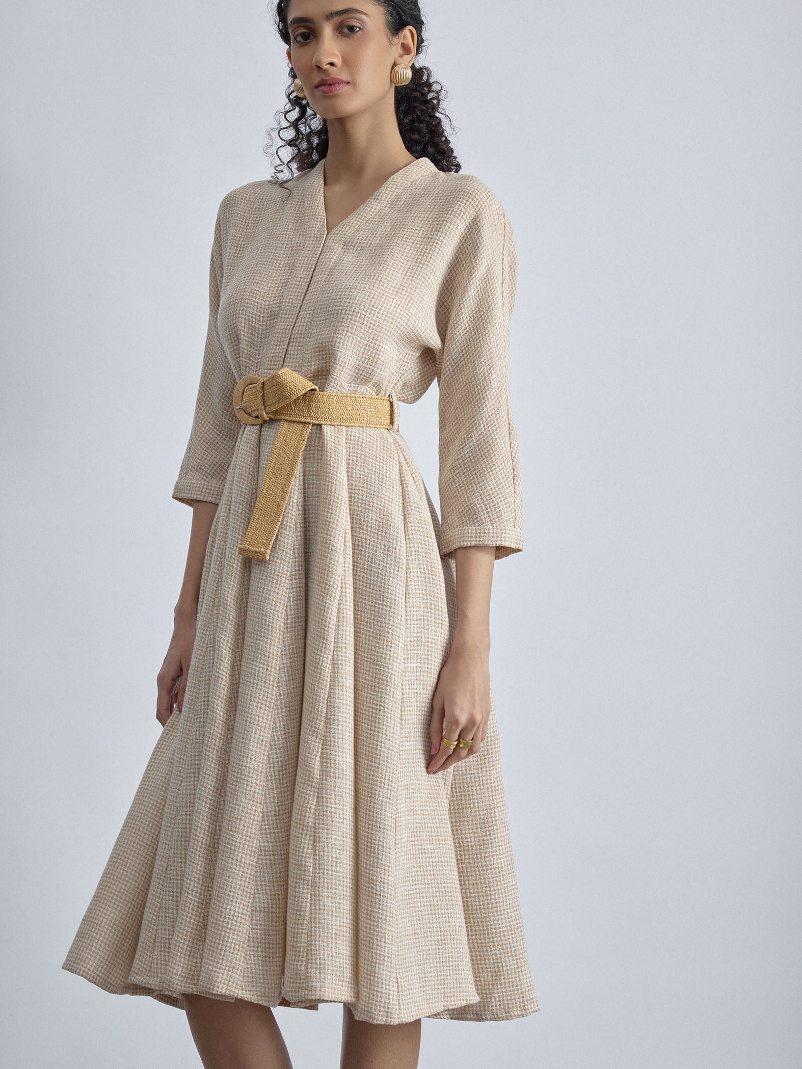Beige Jute Godet Belted Dress