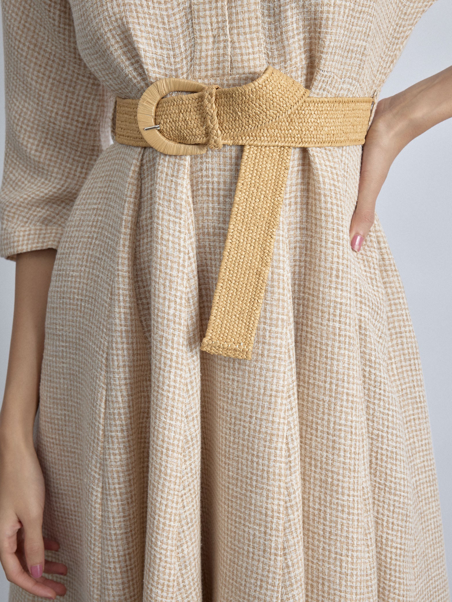 Beige Jute Godet Belted Dress