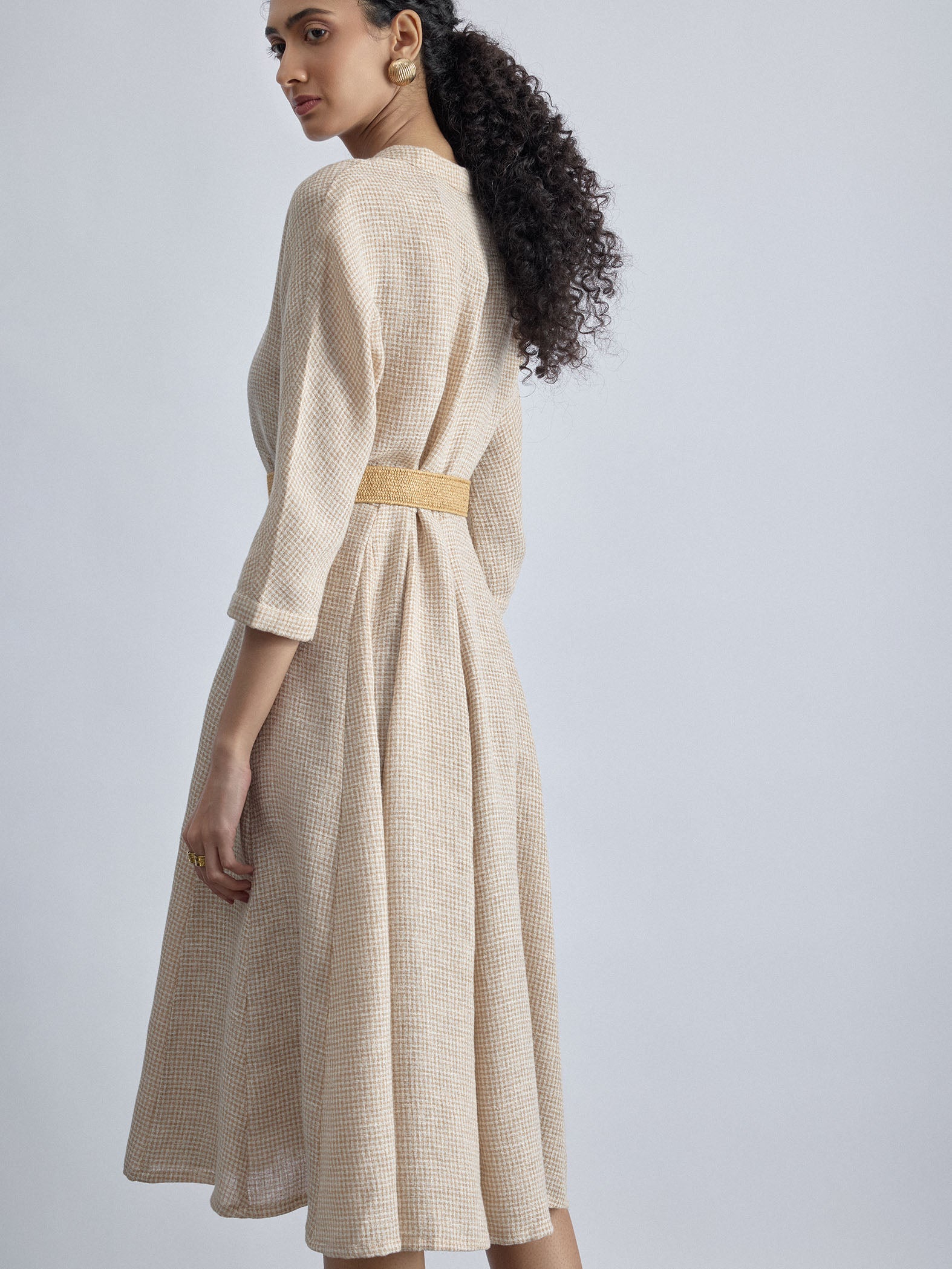 Beige Jute Godet Belted Dress