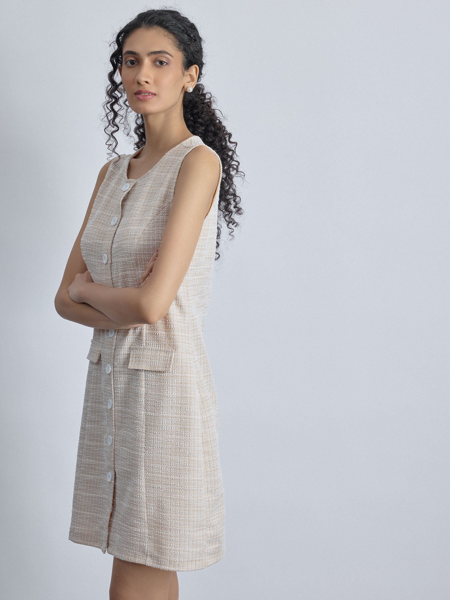 Beige Tweed Buttoned Dress
