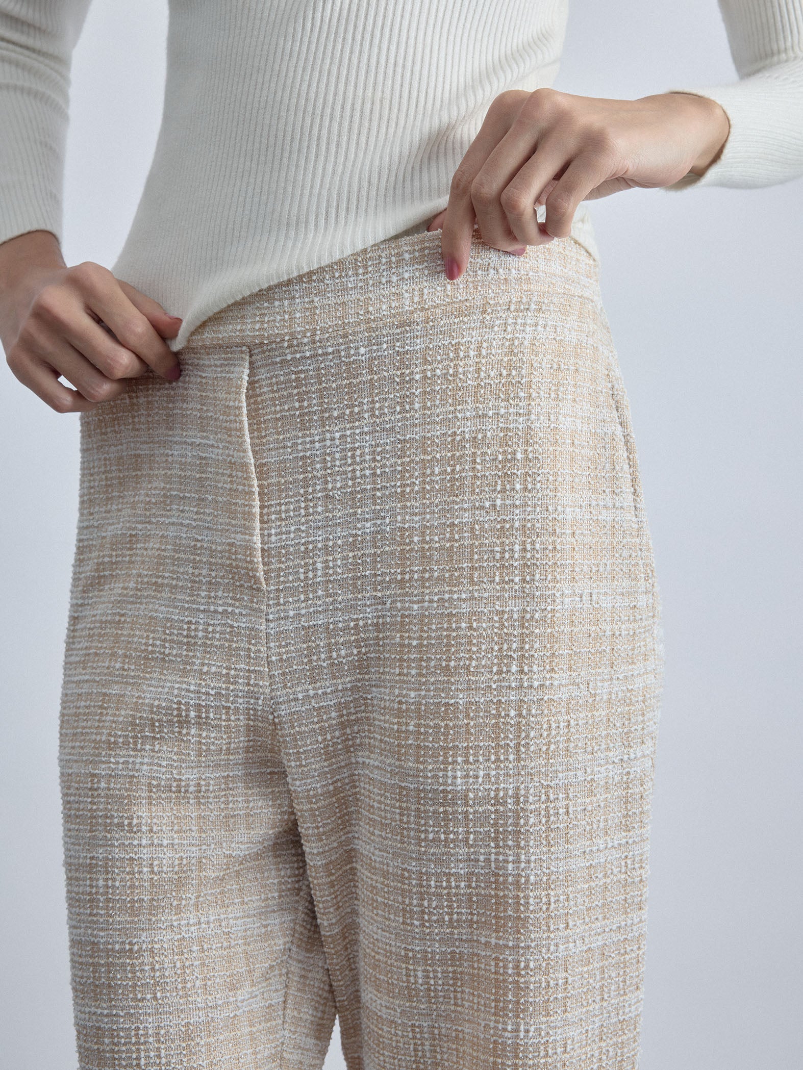 Beige Tweed Flared Pants