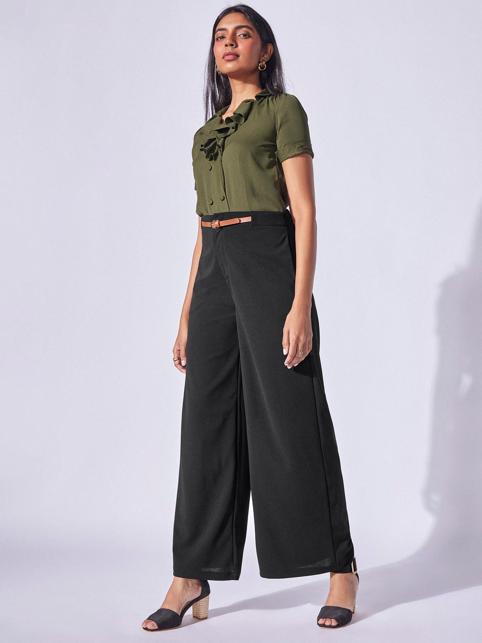 Black Belted Flare Trousers