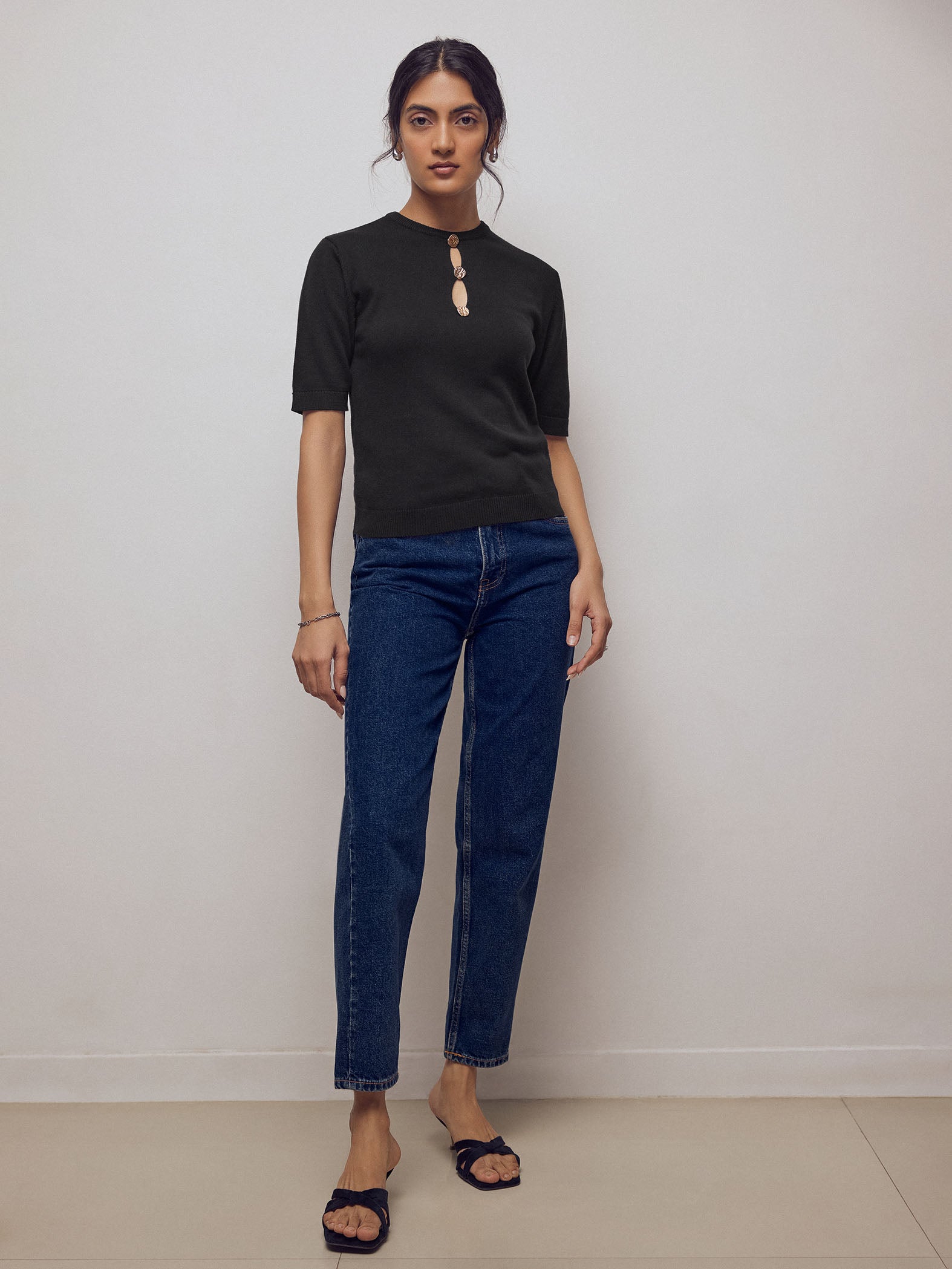 Black Button Detail Knit Top