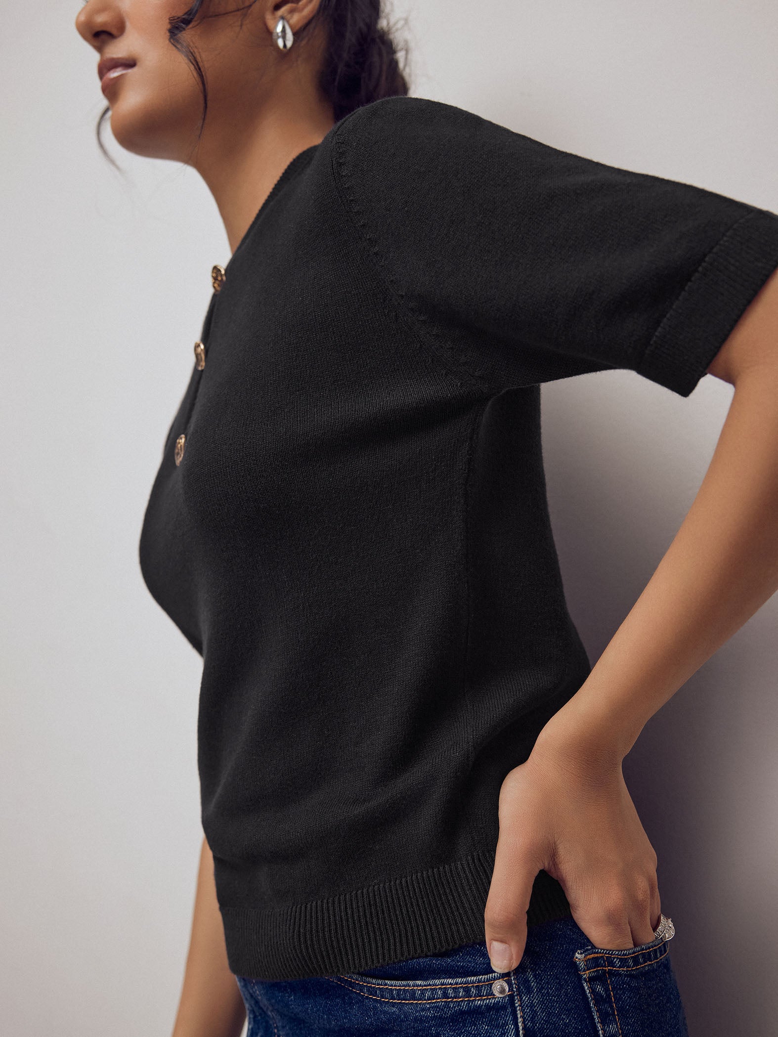 Black Button Detail Knit Top