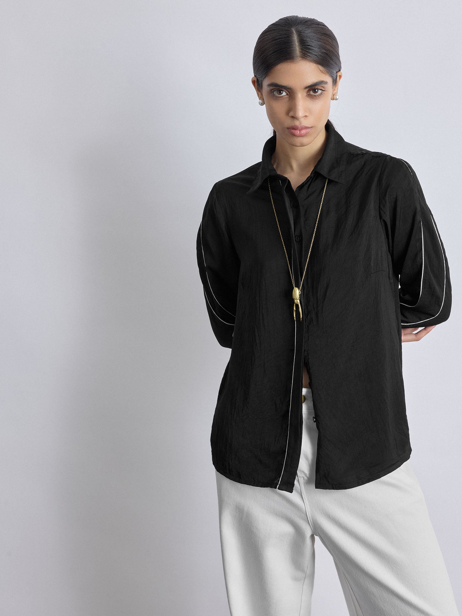 Black Contrast Piping Detail Shirt