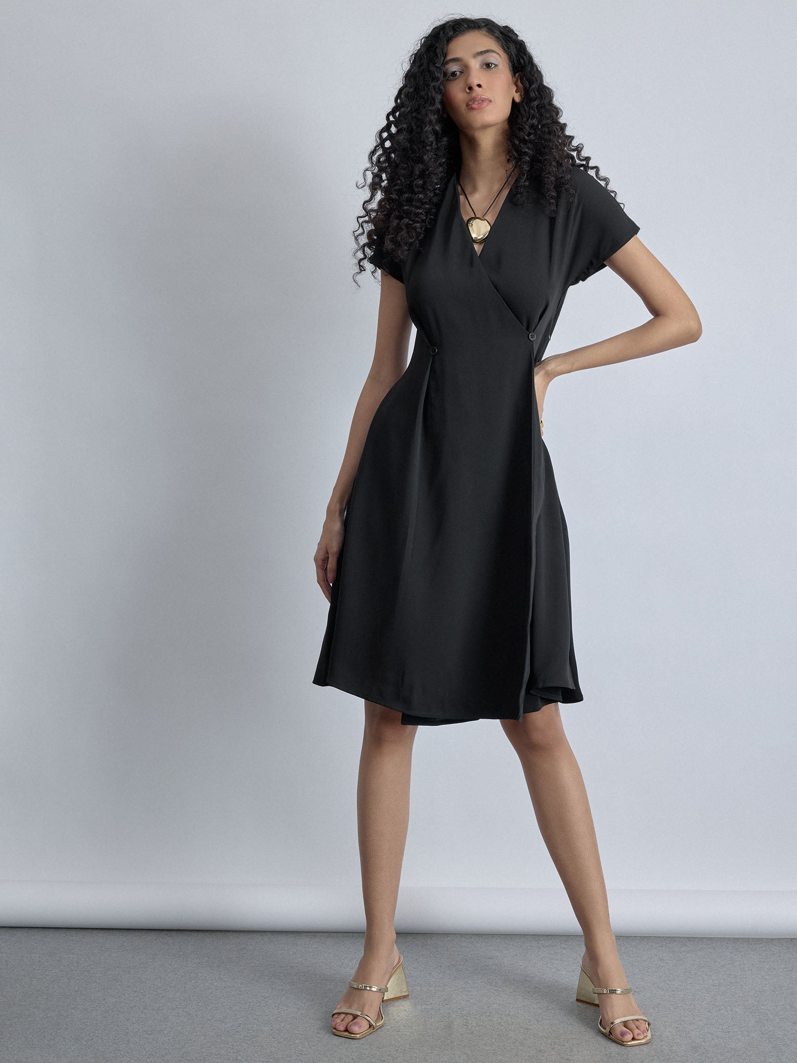 Black Overlap Pleated Dress