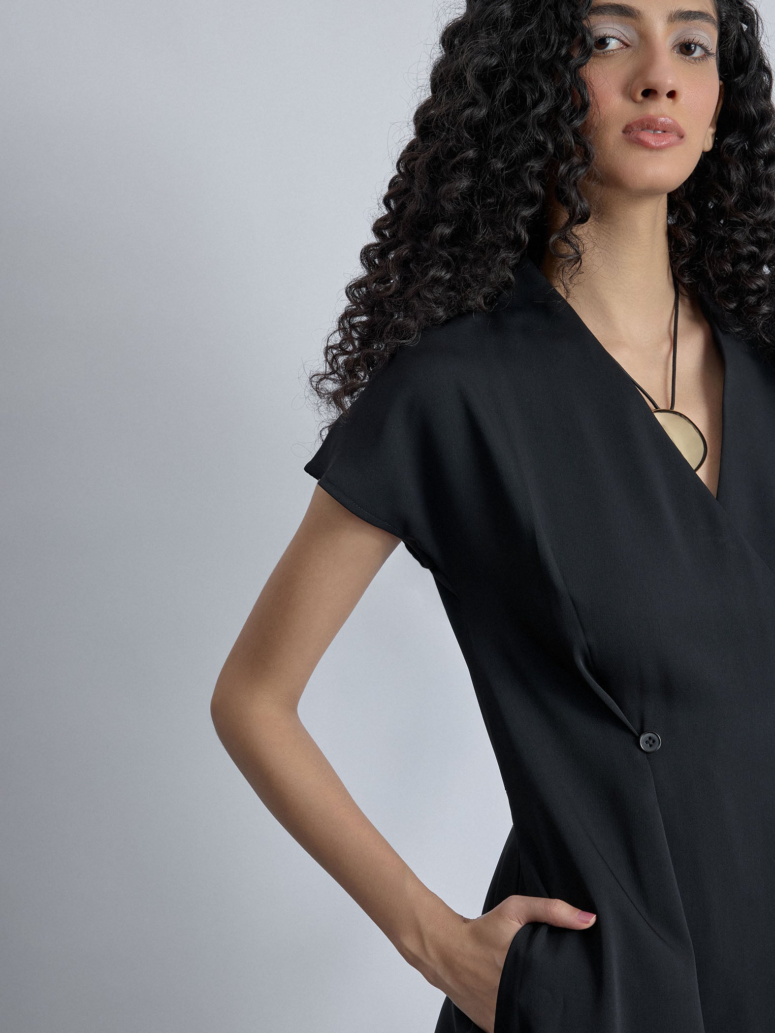 Black Overlap Pleated Dress