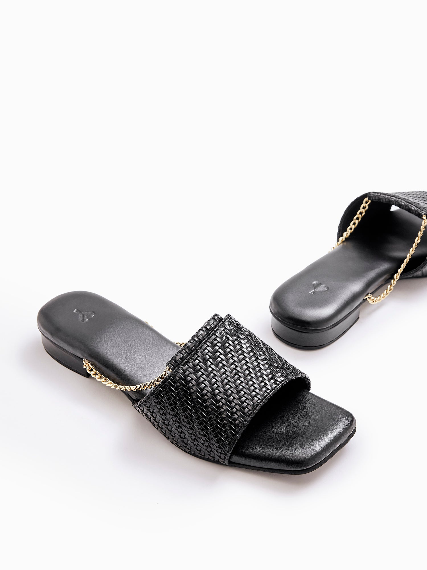 Black Textured Gold Chain Detail Heels