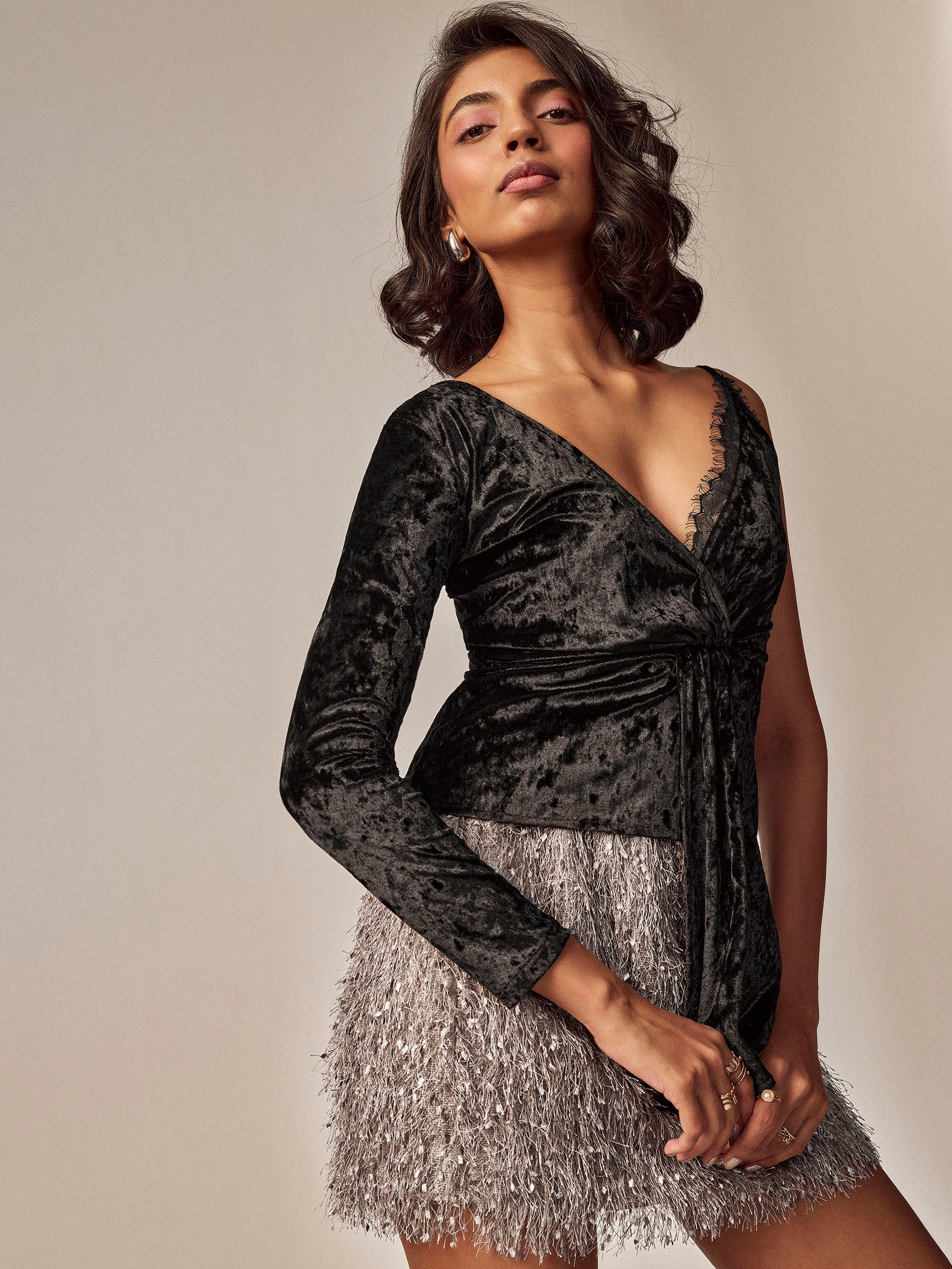 Black Velvet Asymmetric Lace Top