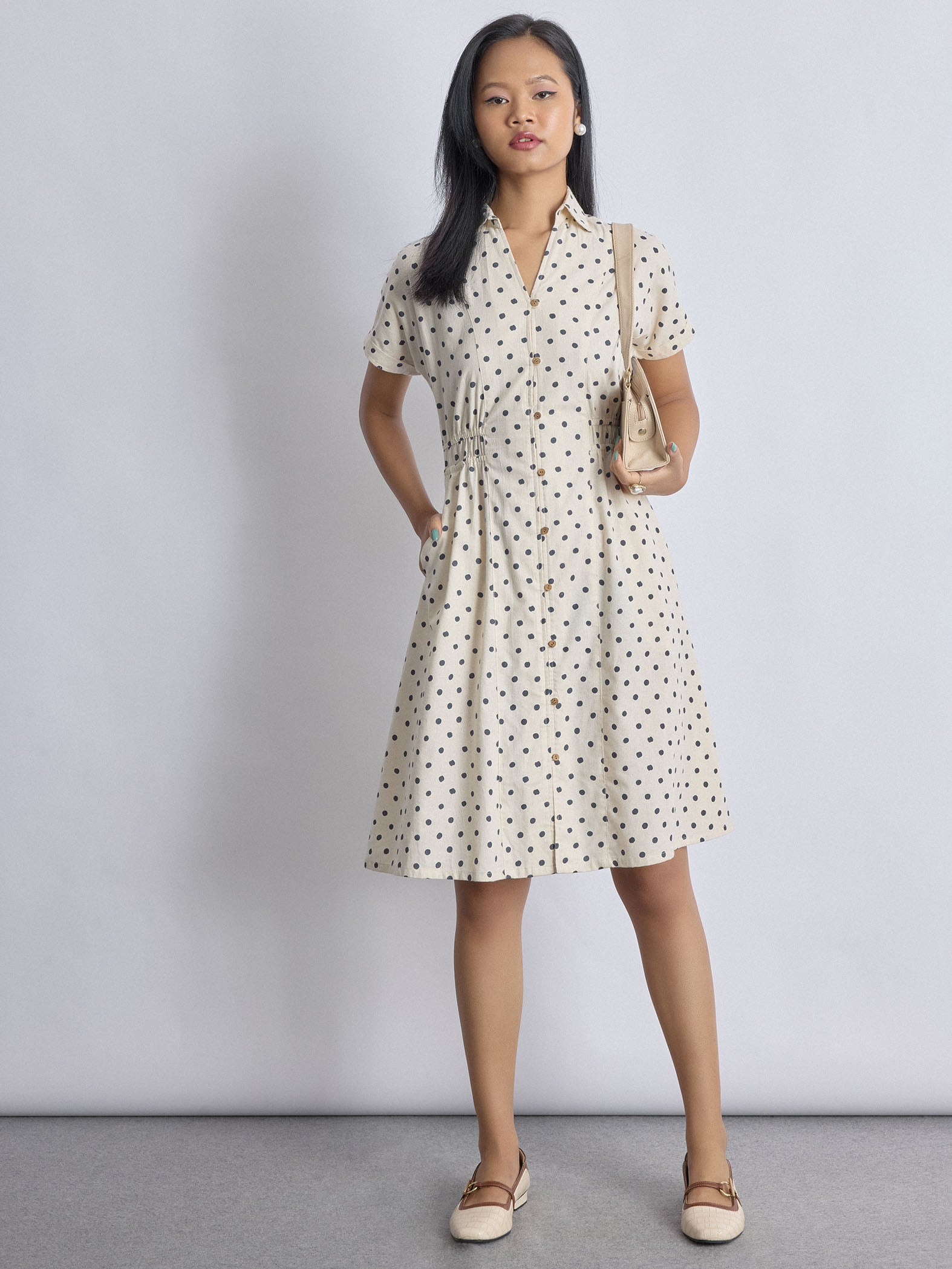 Cream and Blue Polka Midi Dress