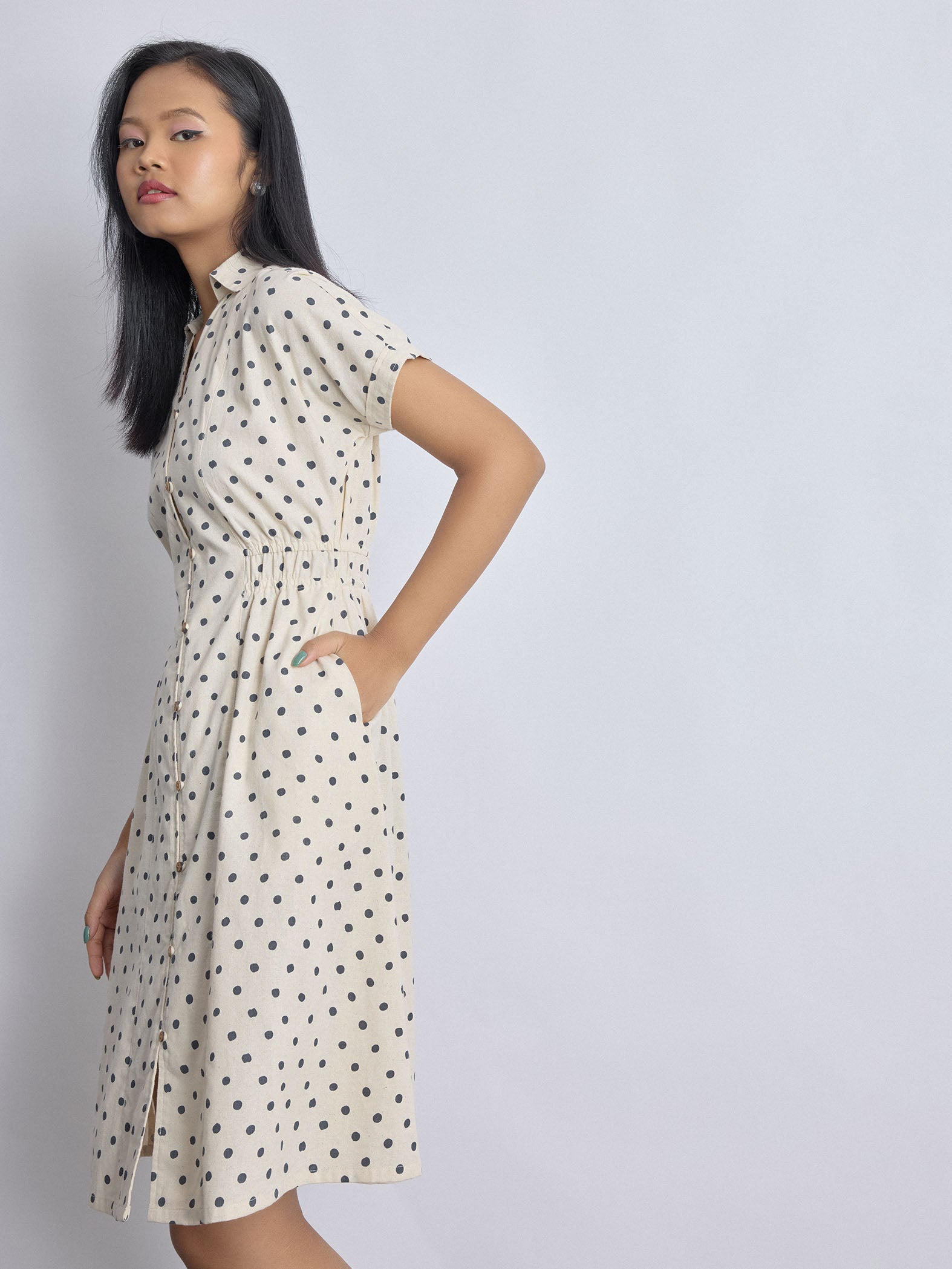 Cream and Blue Polka Midi Dress
