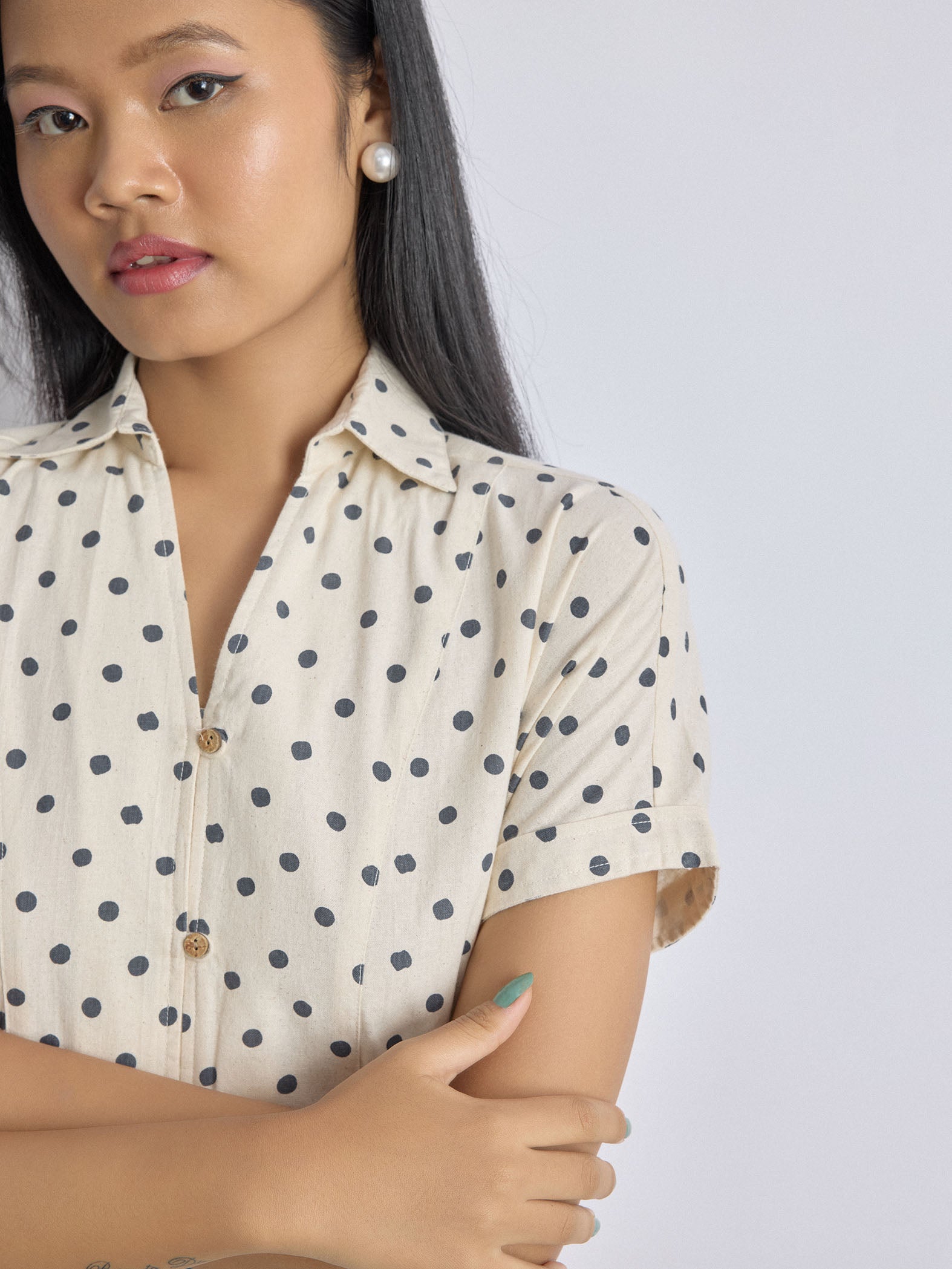 Cream and Blue Polka Midi Dress