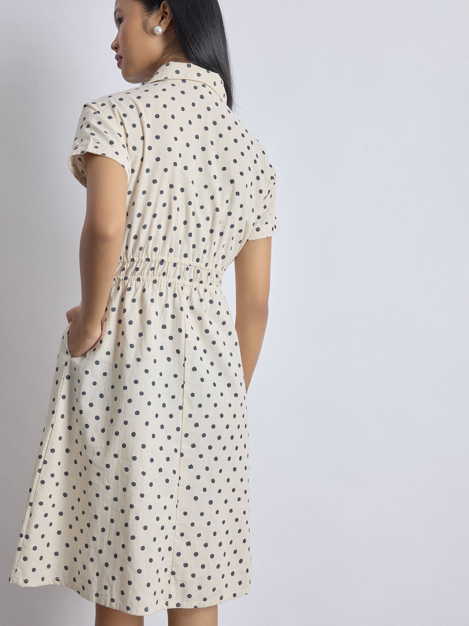 Cream and Blue Polka Midi Dress