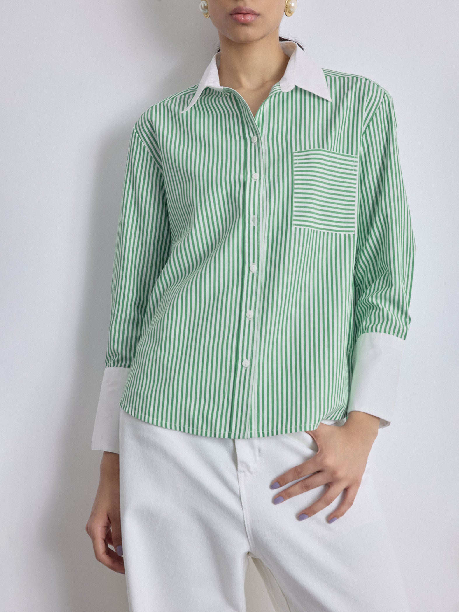 Green Striped Contrast Play Shirt