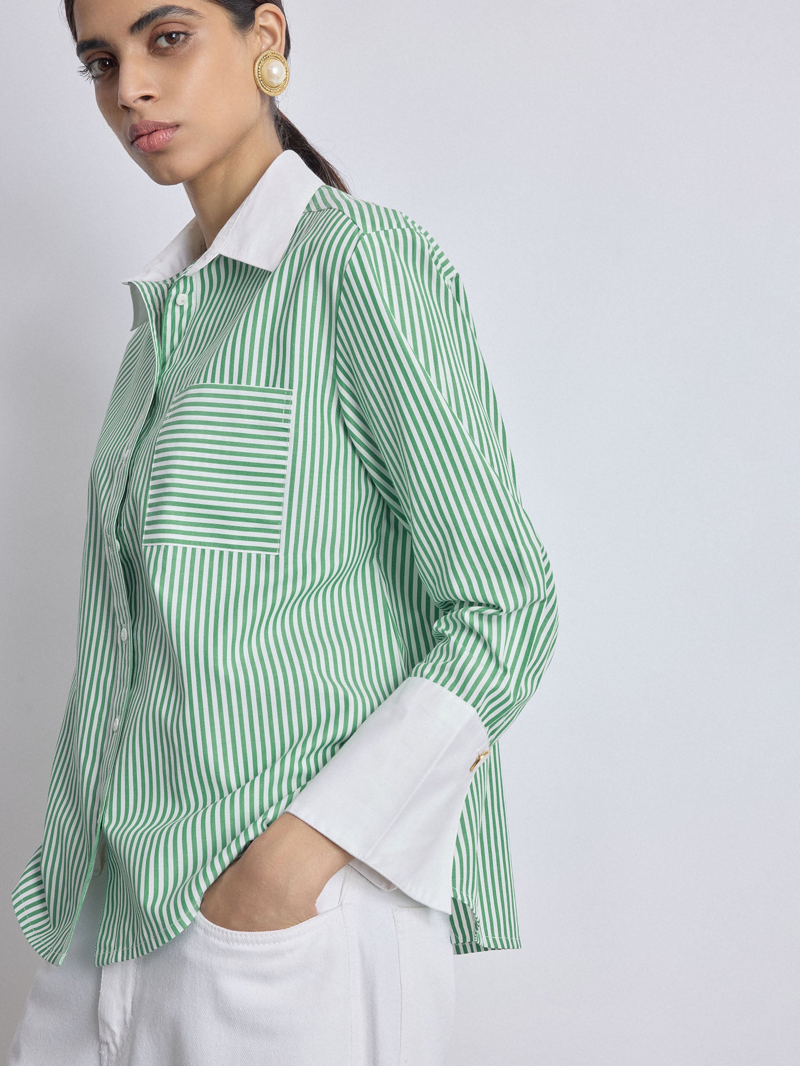 Green Striped Contrast Play Shirt