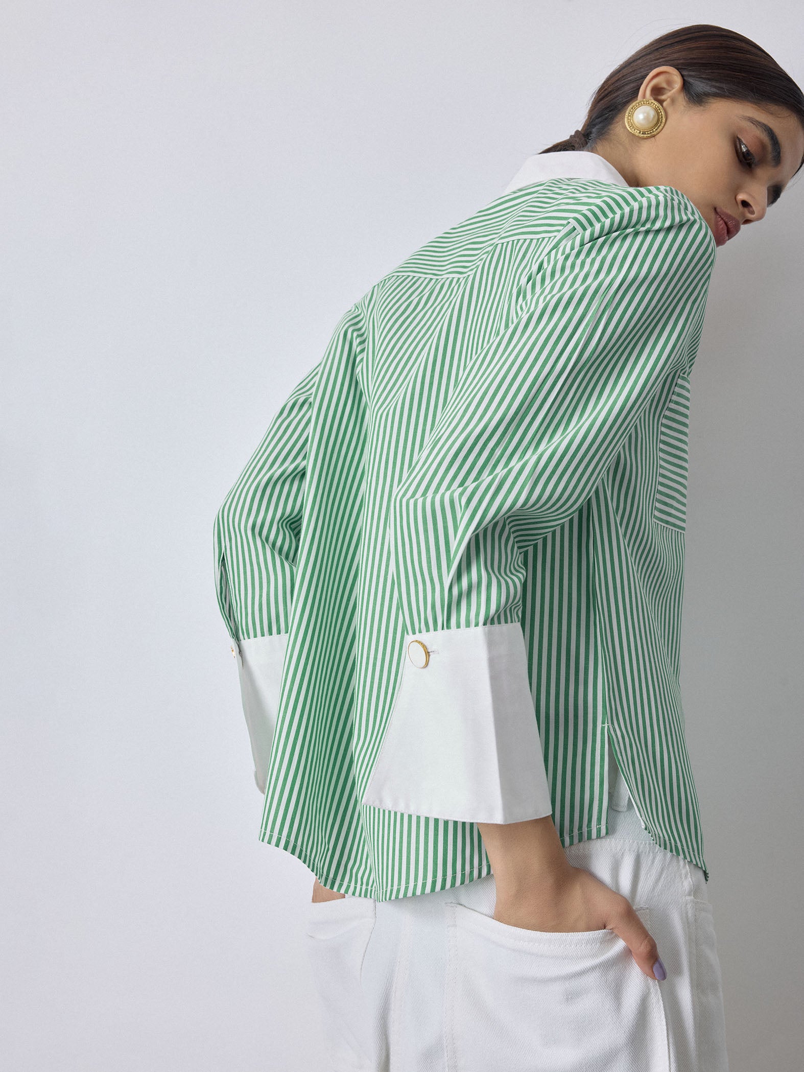 Green Striped Contrast Play Shirt