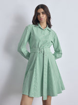 Green Striped Godet Shirt Dress
