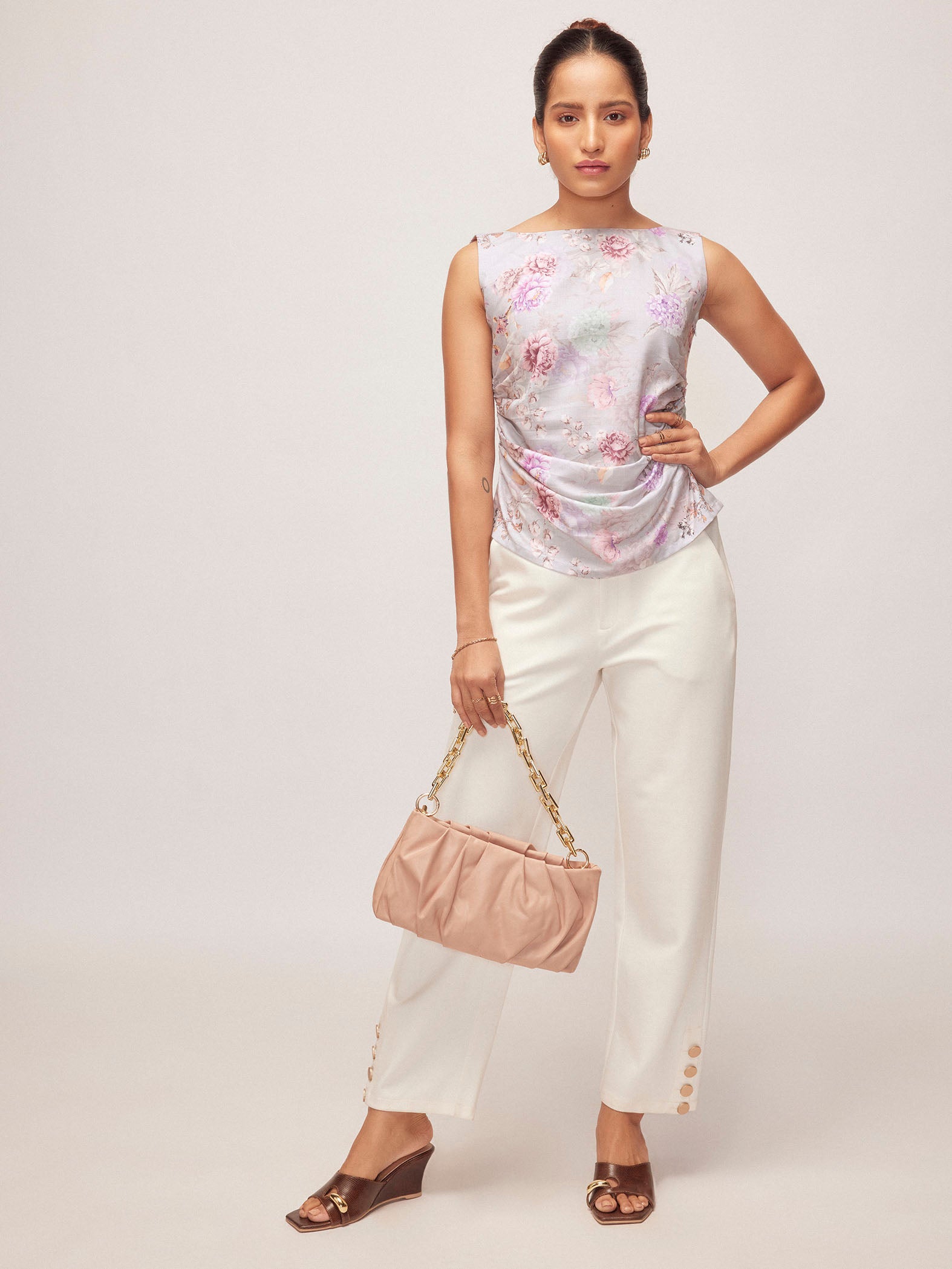 Grey Floral Print Ruched Top