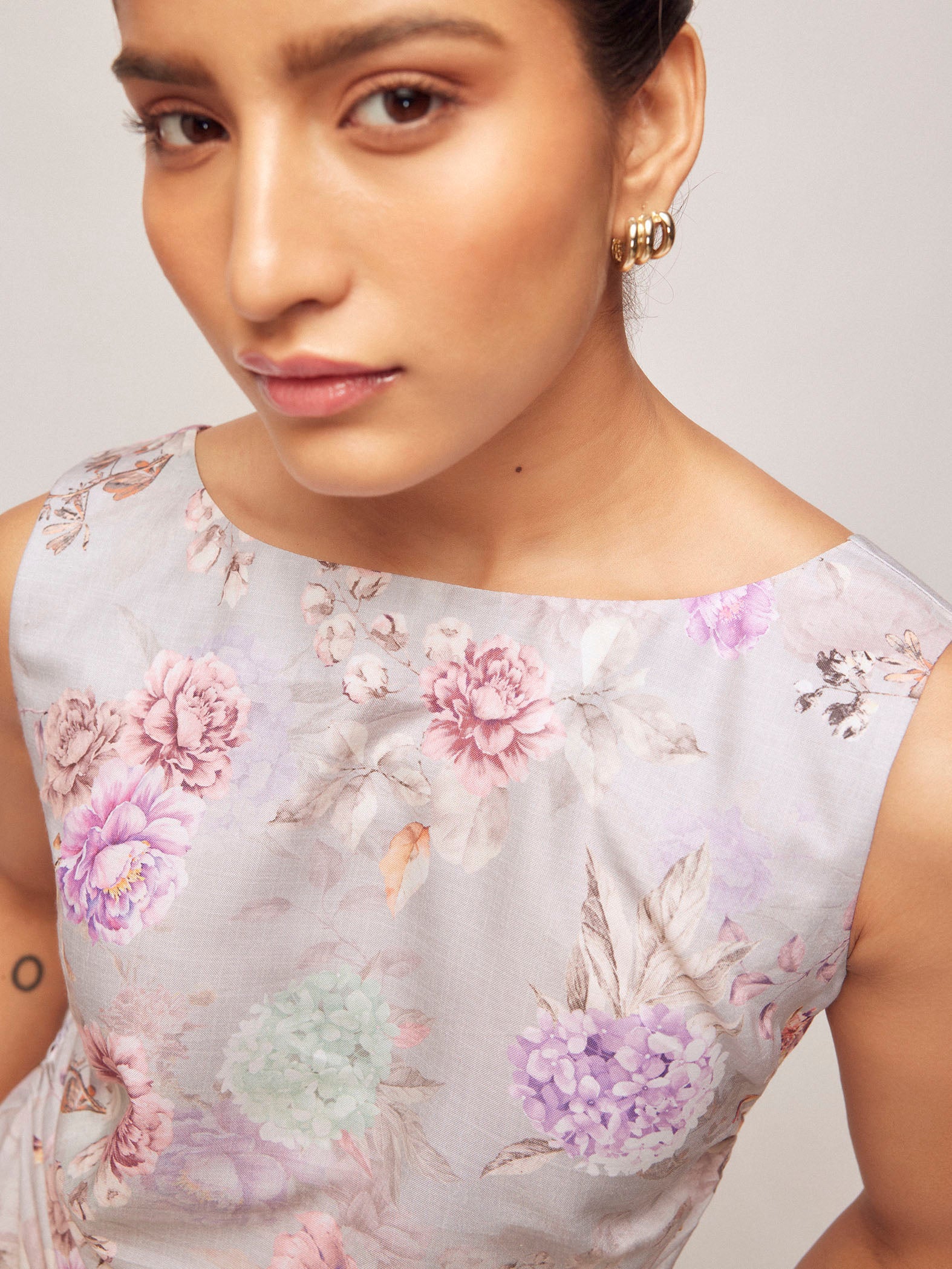 Grey Floral Print Ruched Top