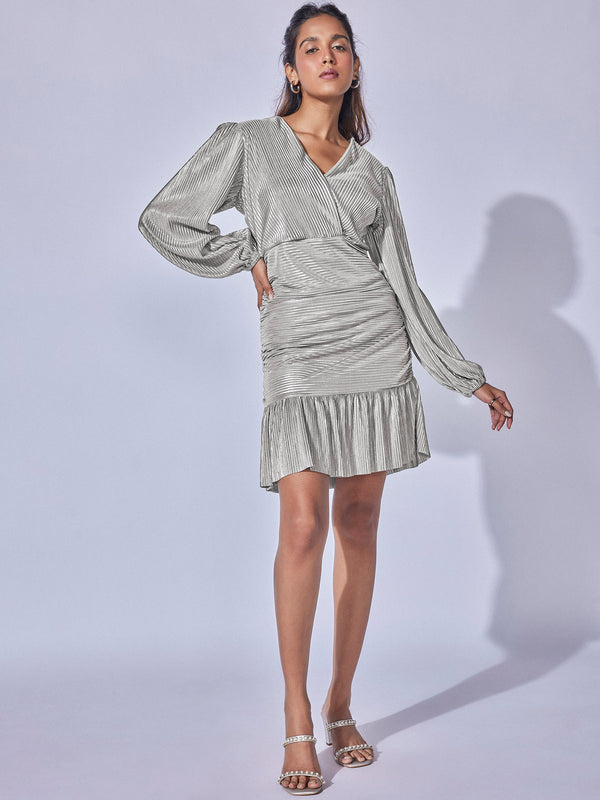 Grey Shimmer Overlap Gathered Dress