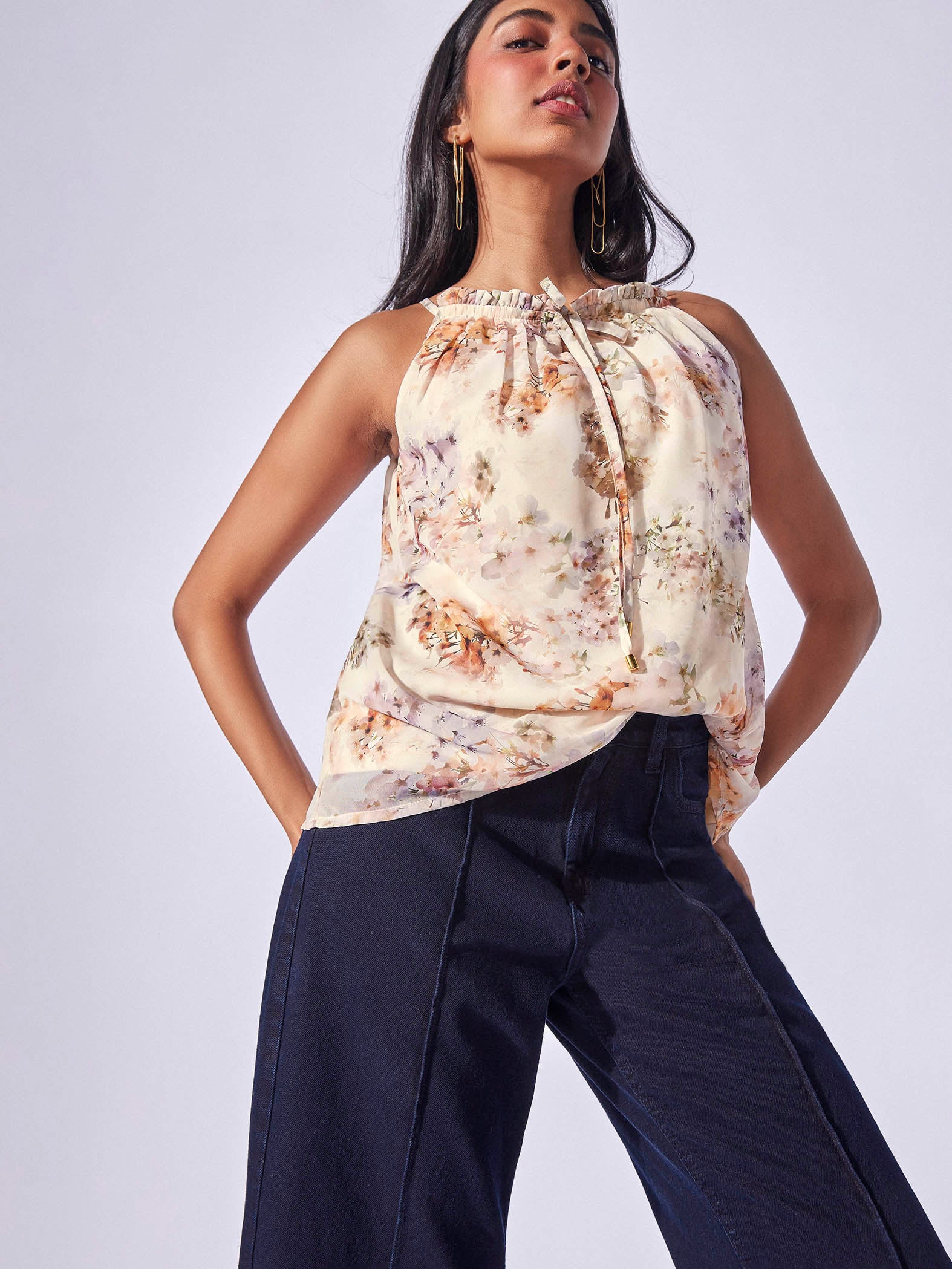 Ivory Floral In Cut Top