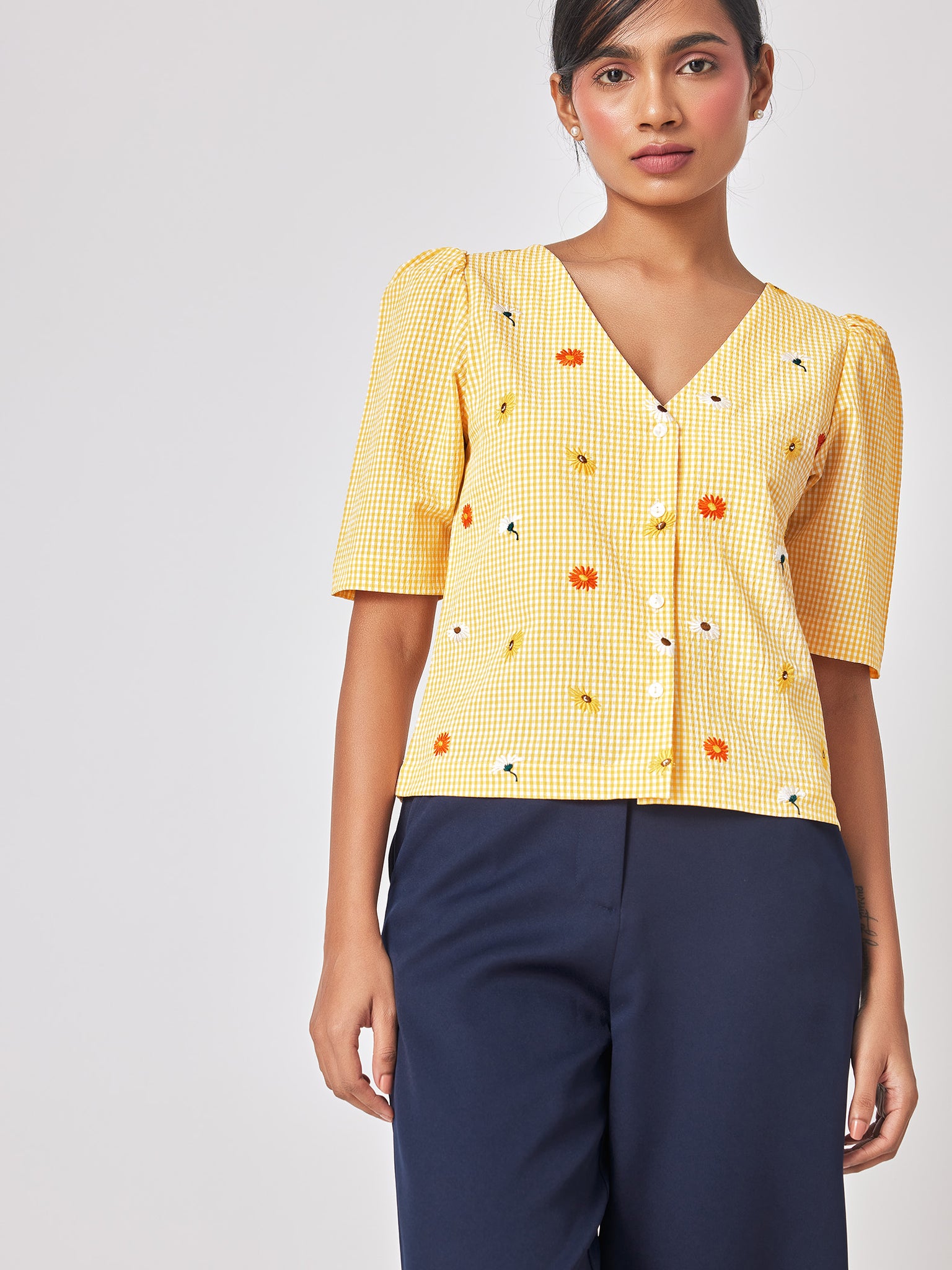 Lemon GIngham Embroidered Blouse
Lemon GIngham Embroidered Blouse