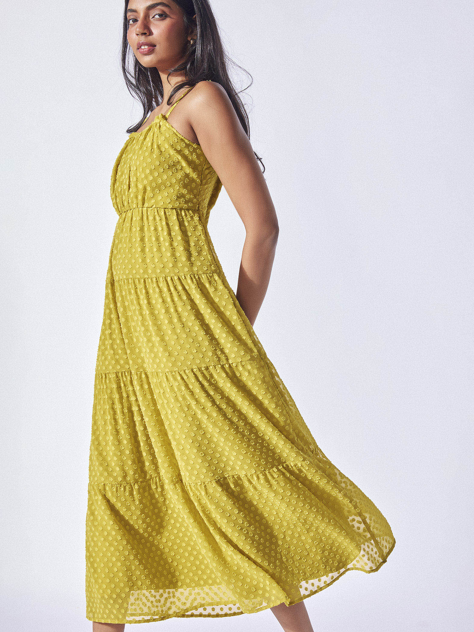 Lime Dobby Tiered Dress