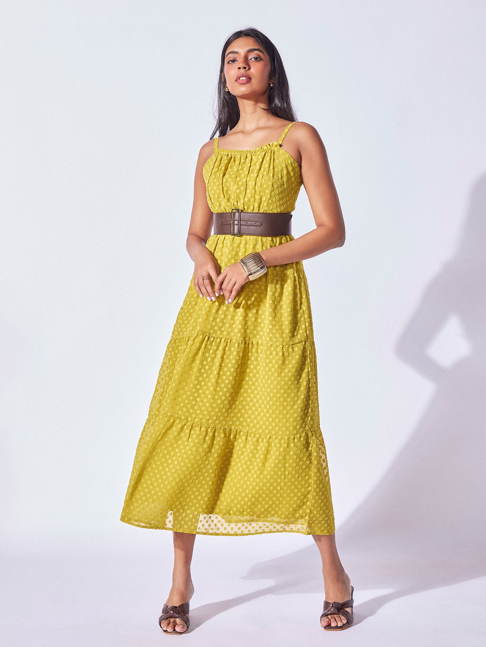 Lime Dobby Tiered Dress