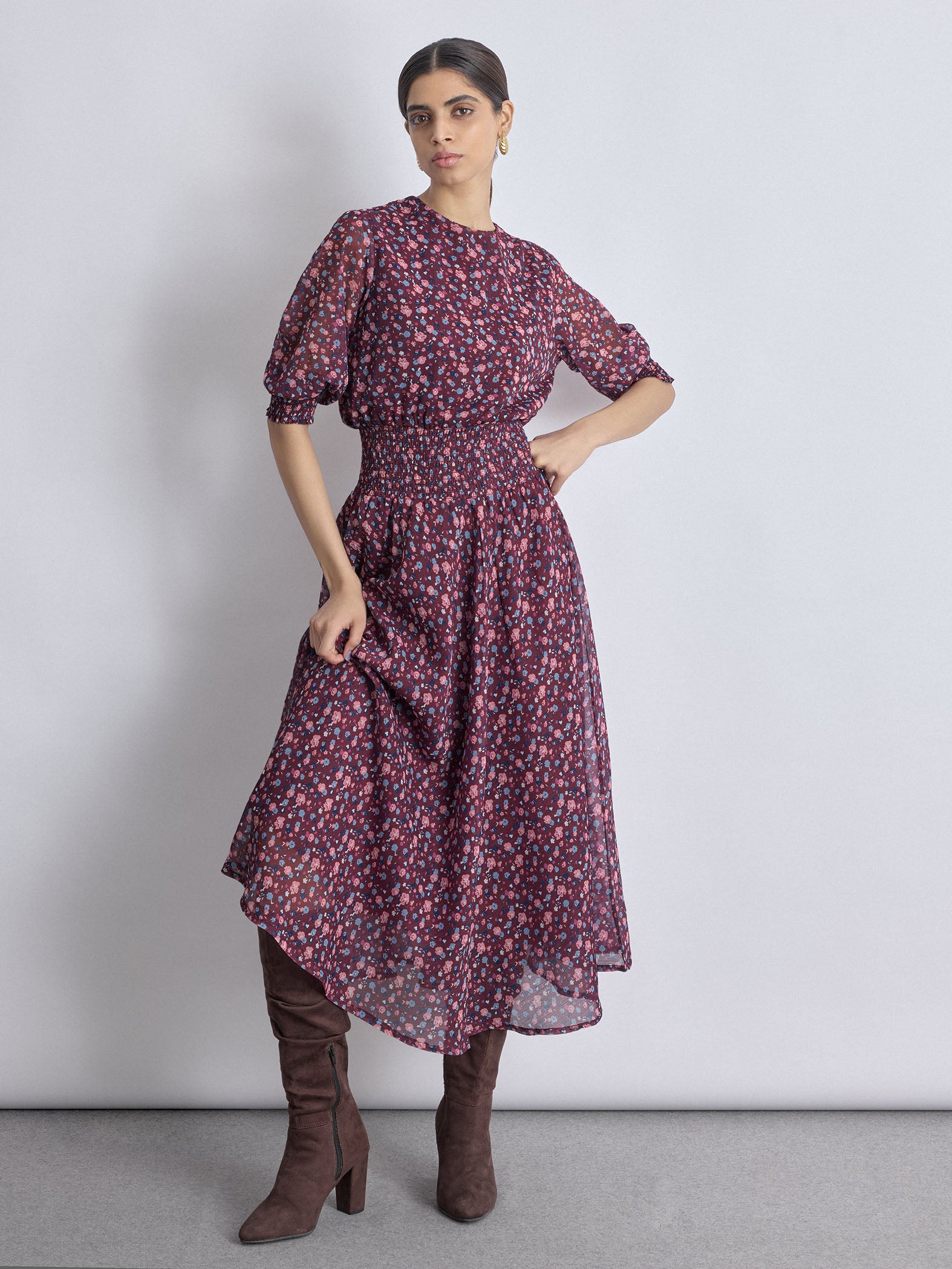 Maroon Ditsy Floral Smocked Dress
