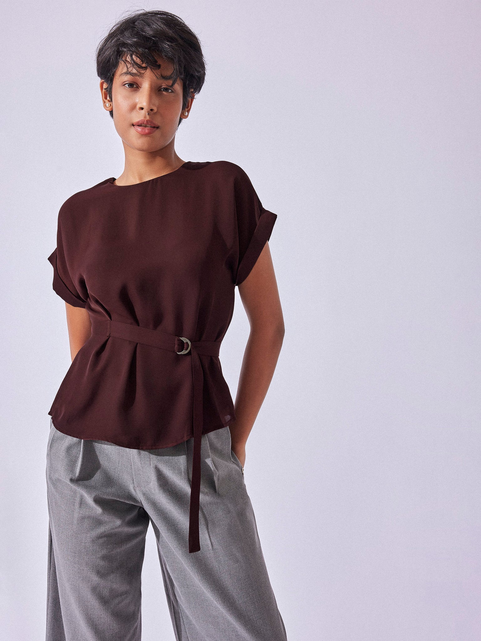 Merlot Buckle Belted Peplum Top
Merlot Buckle Belted Peplum Top