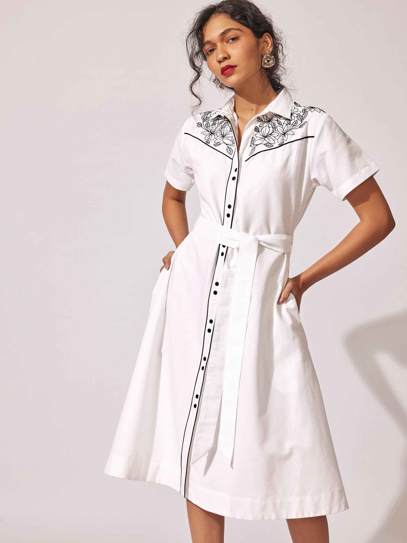 Monochrome Embroidered Shirt Dress