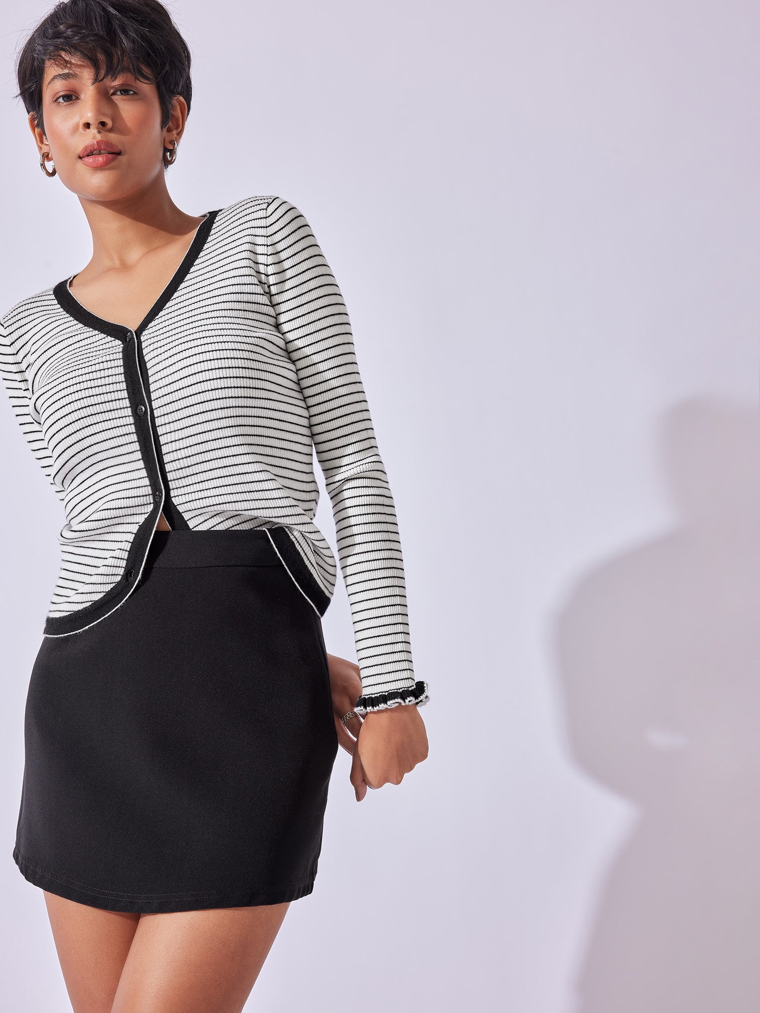 Monochrome Striped V Neck Cardigan
Monochrome Striped V Neck Cardigan