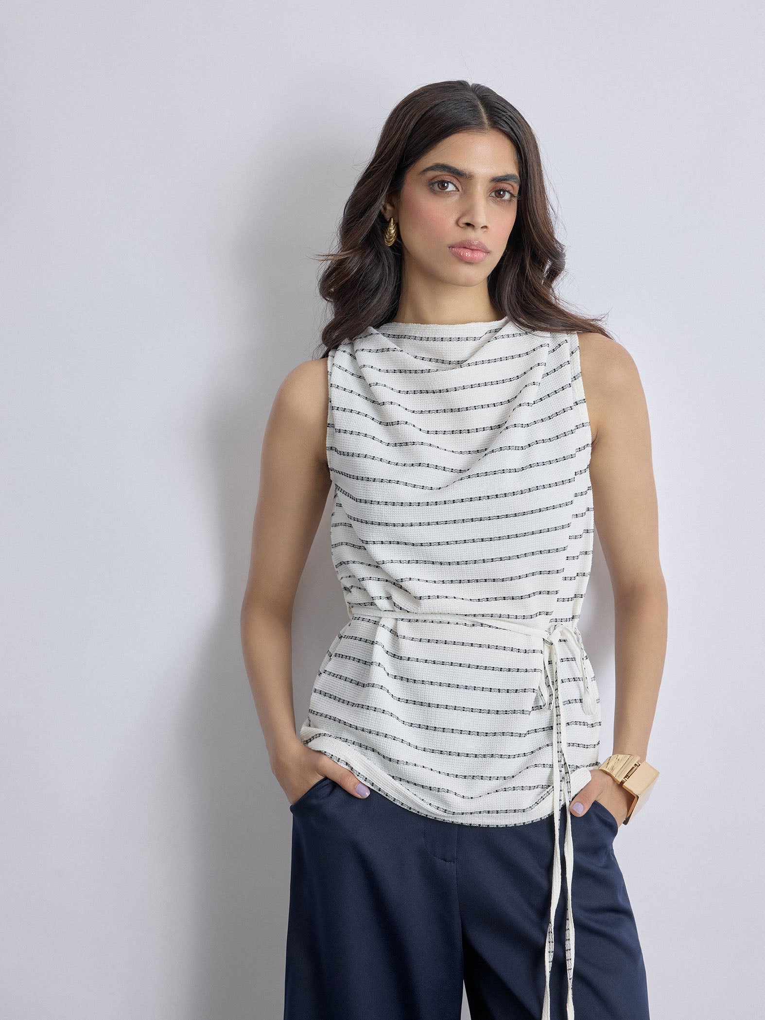 Monochrome Textured Cowl Neck Top