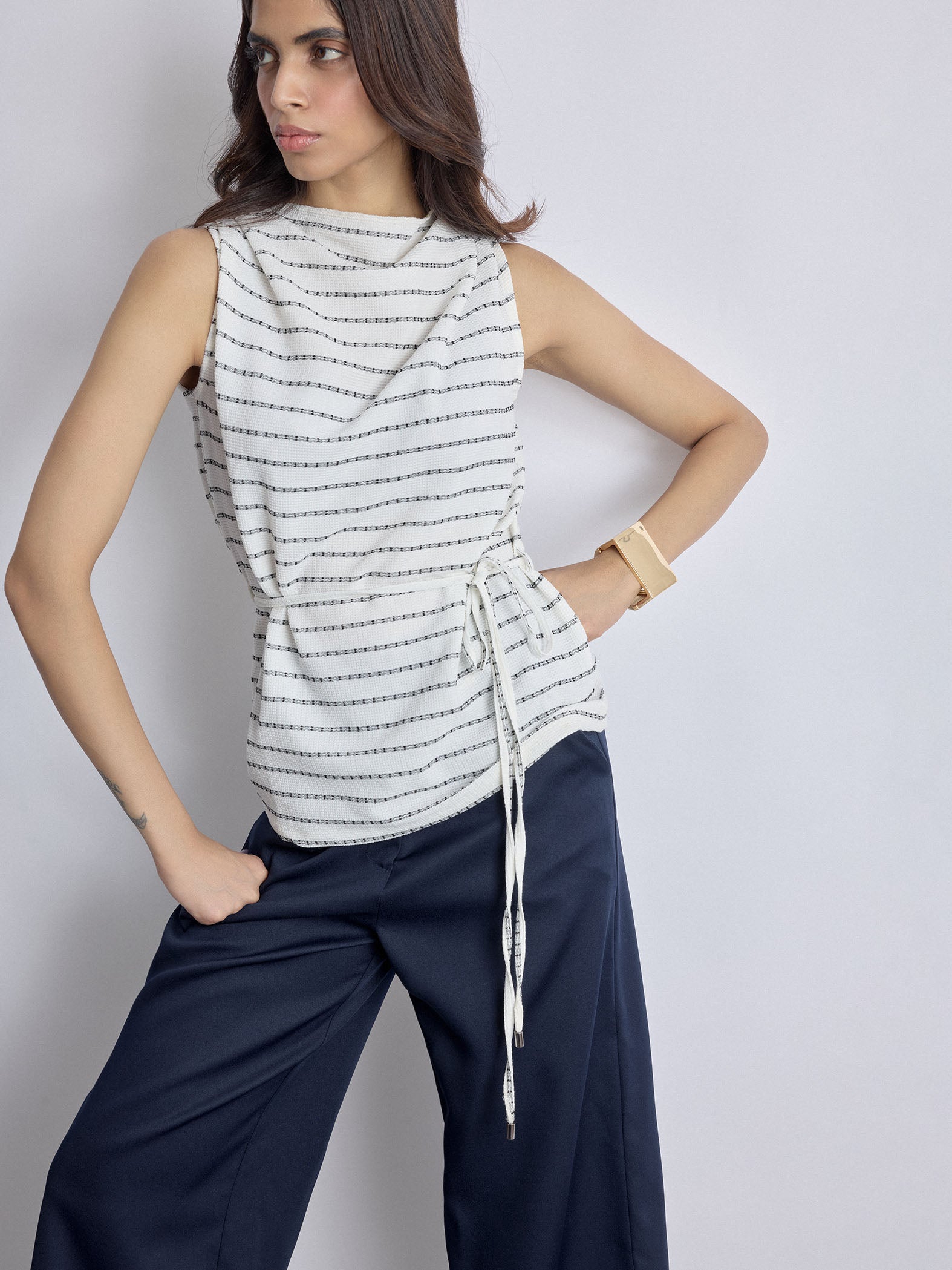 Monochrome Textured Cowl Neck Top