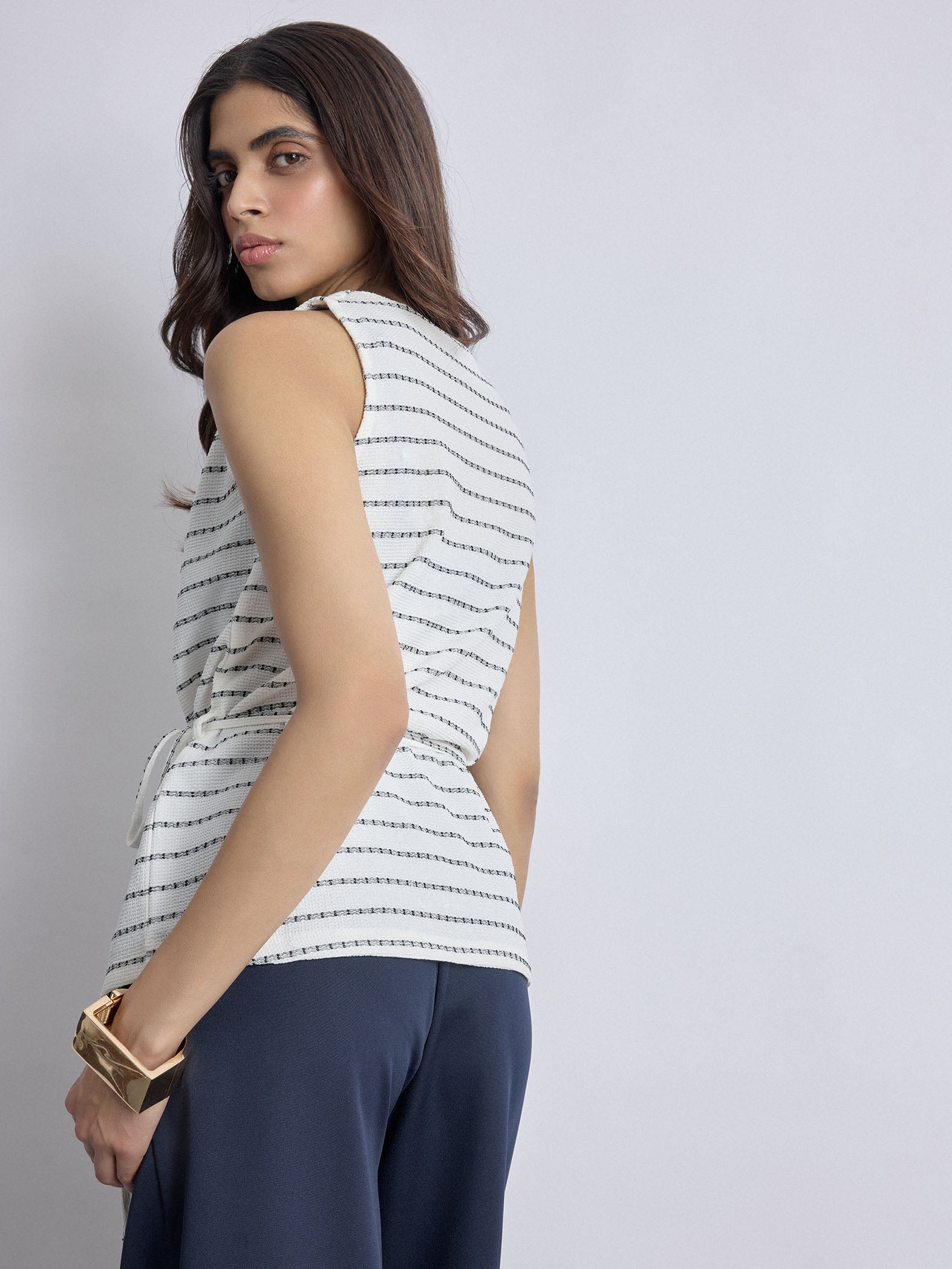 Monochrome Textured Cowl Neck Top