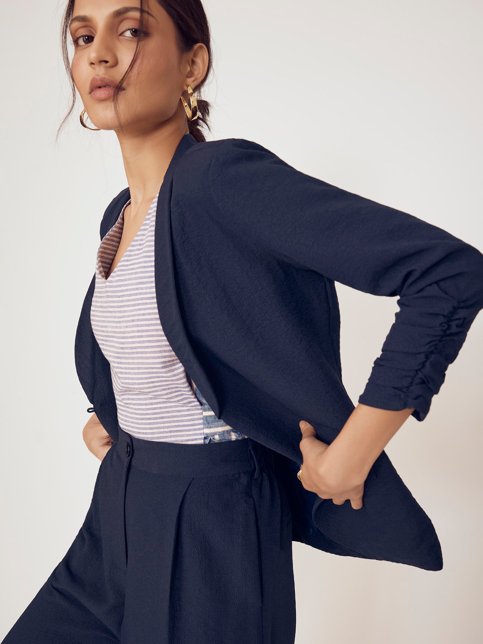 Navy Ruched Sleeve Blazer
Navy Ruched Sleeve Blazer