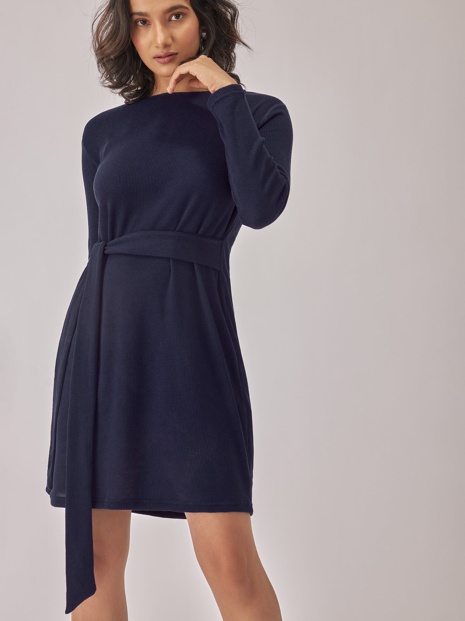 Navy Textured Self Tie Dress
Navy Textured Self Tie Dress