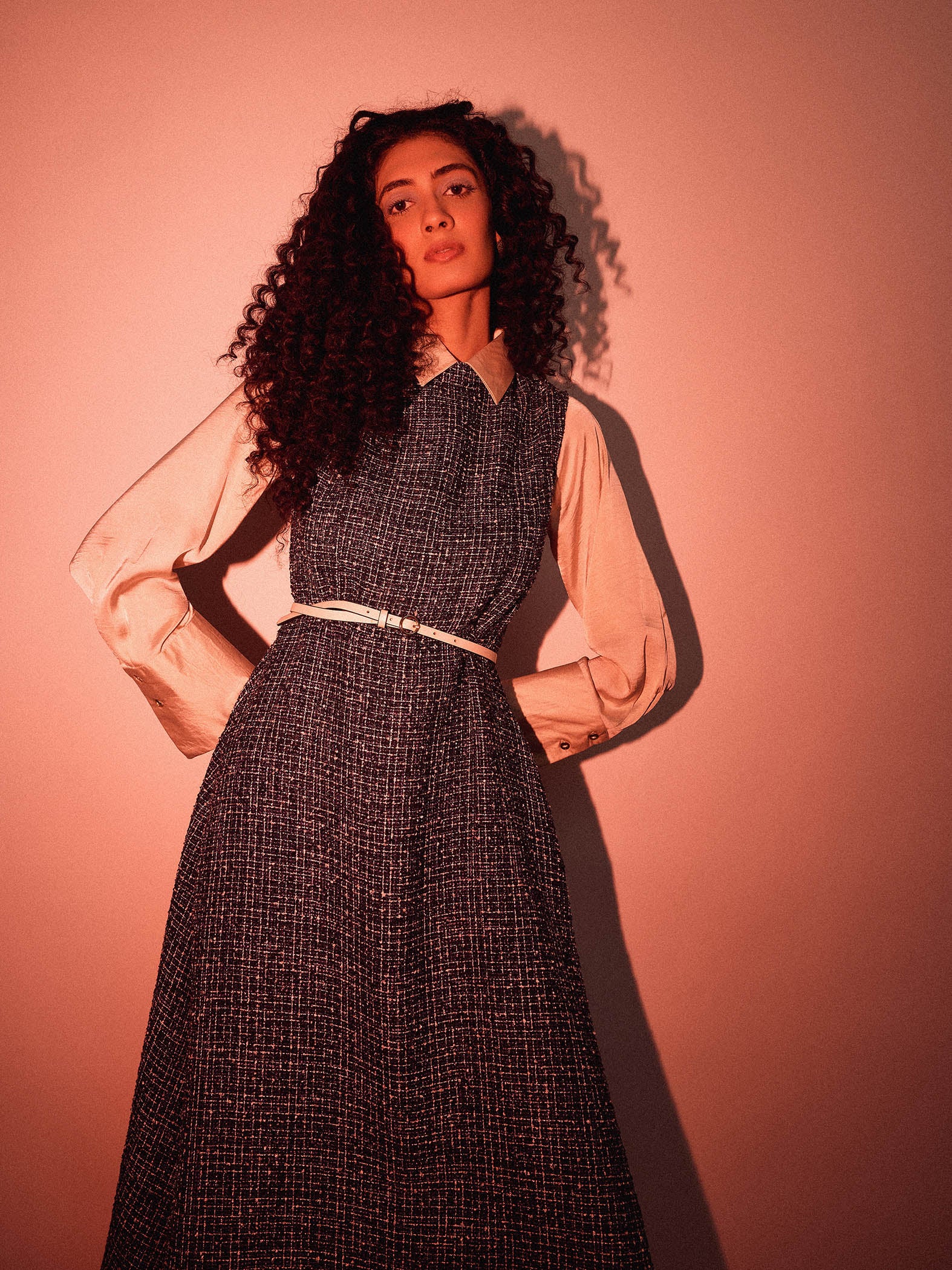 Navy Tweed Belted Midi Dress