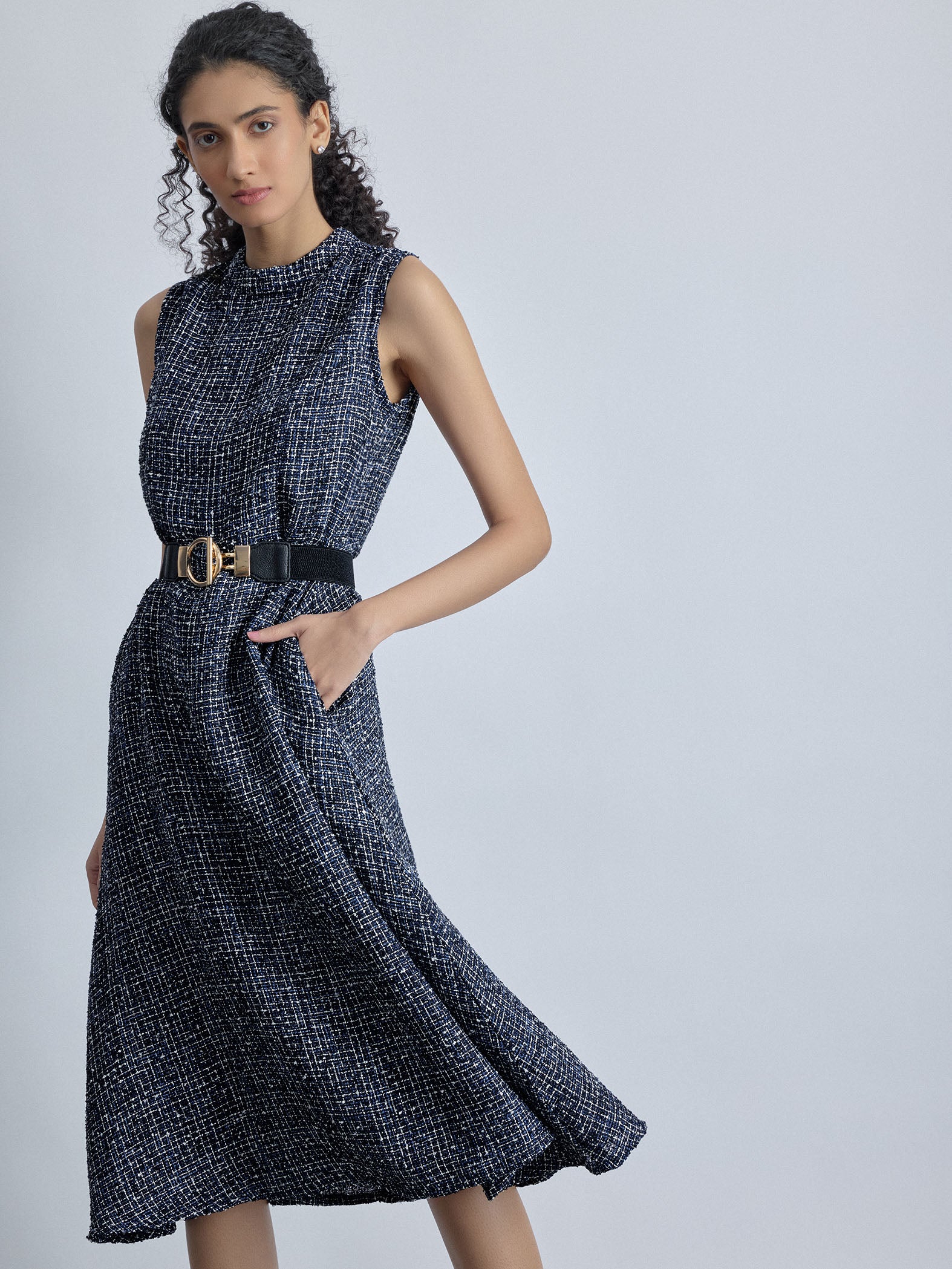 Navy Tweed Belted Midi Dress