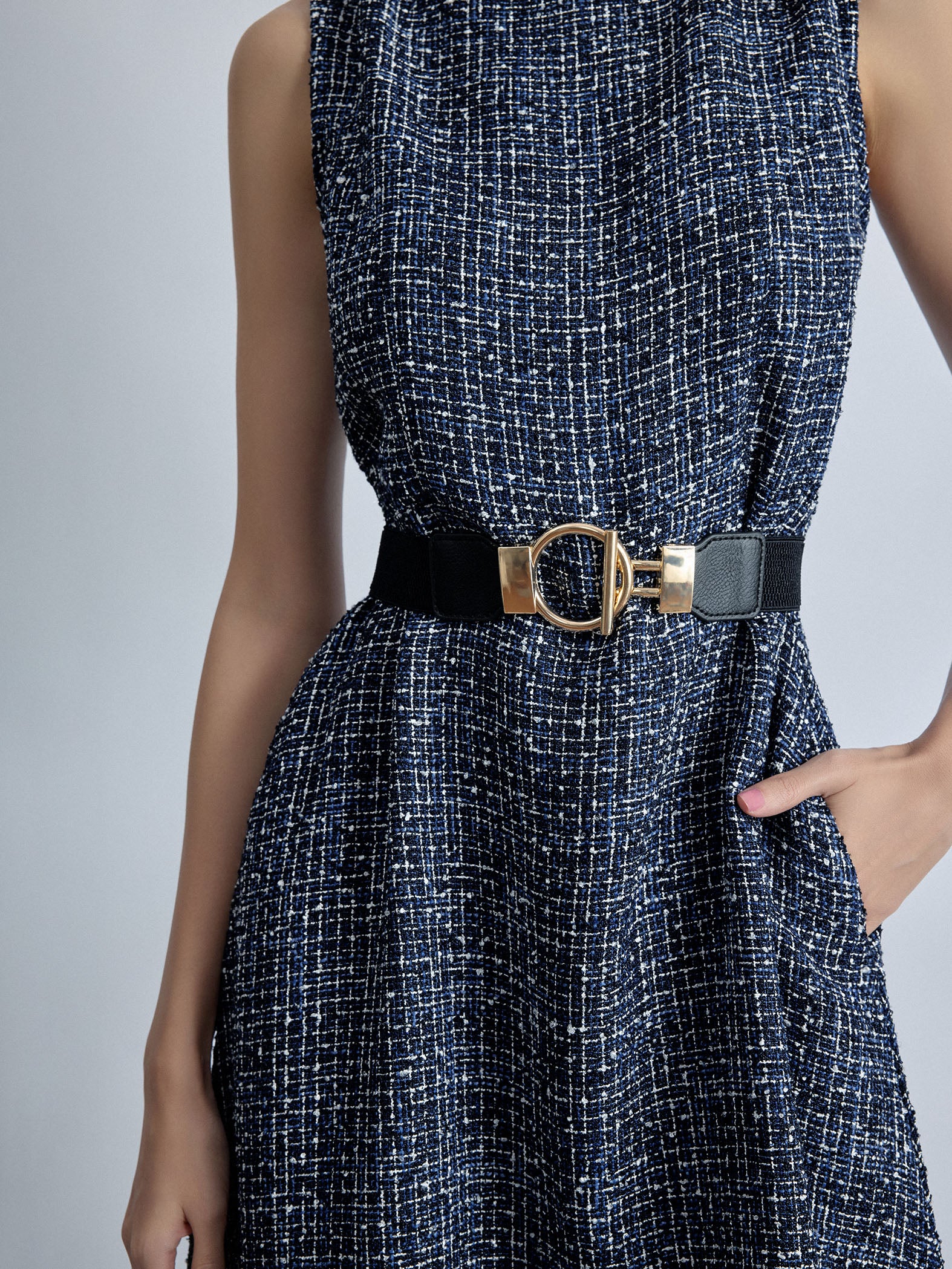 Navy Tweed Belted Midi Dress