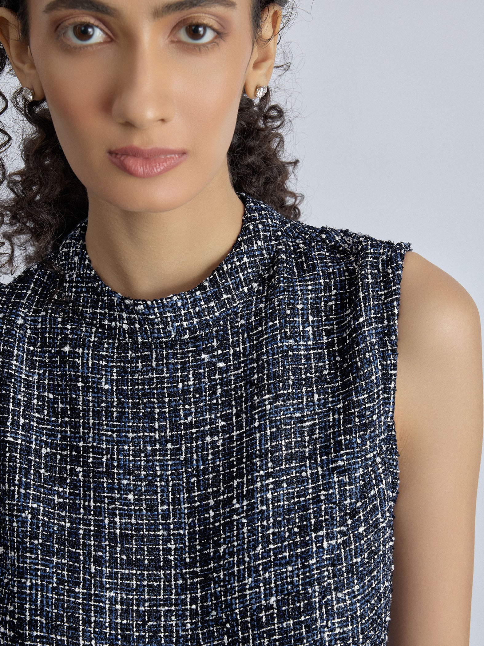 Navy Tweed Belted Midi Dress