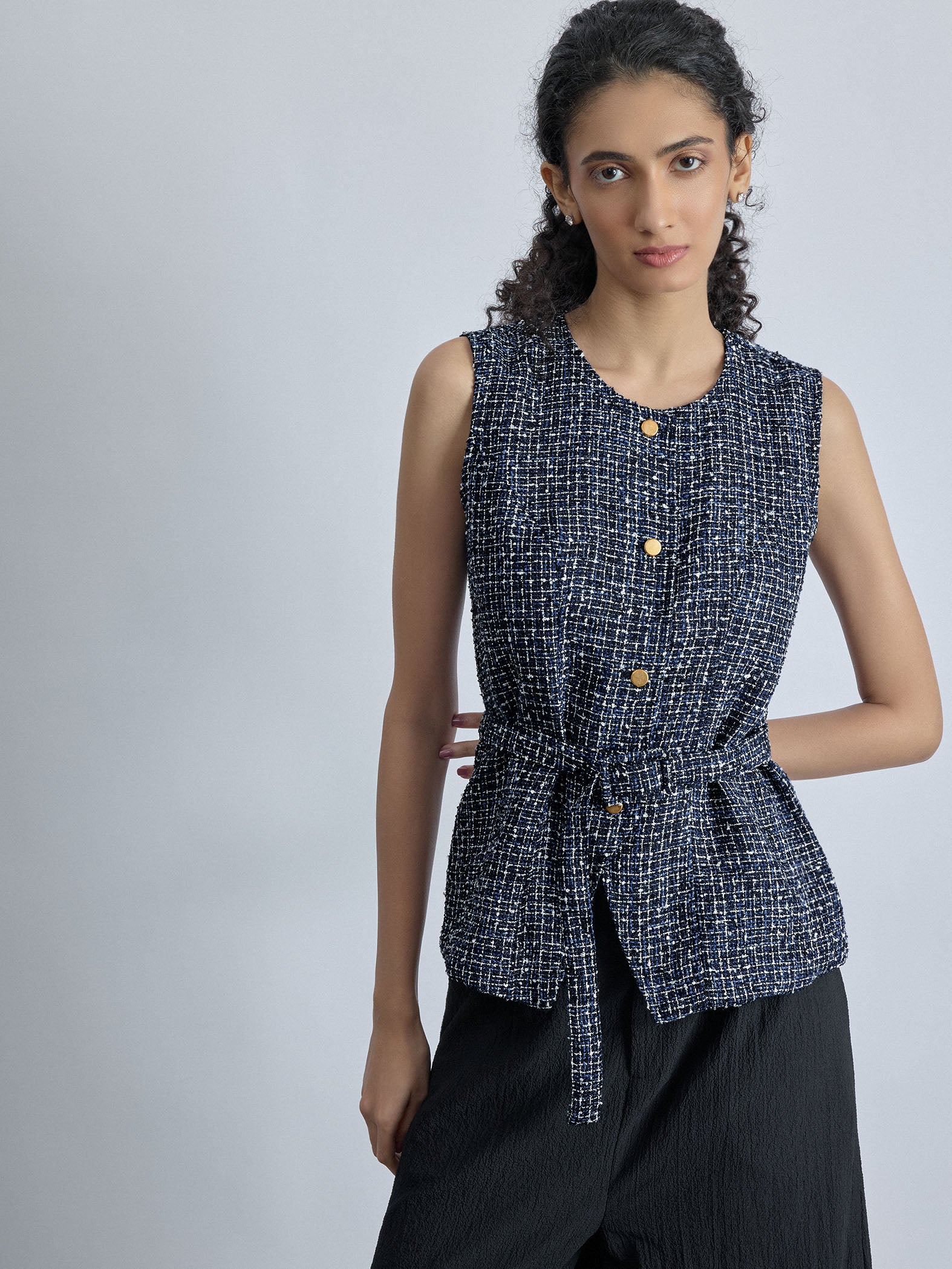 Navy Tweed Belted Waistcoat