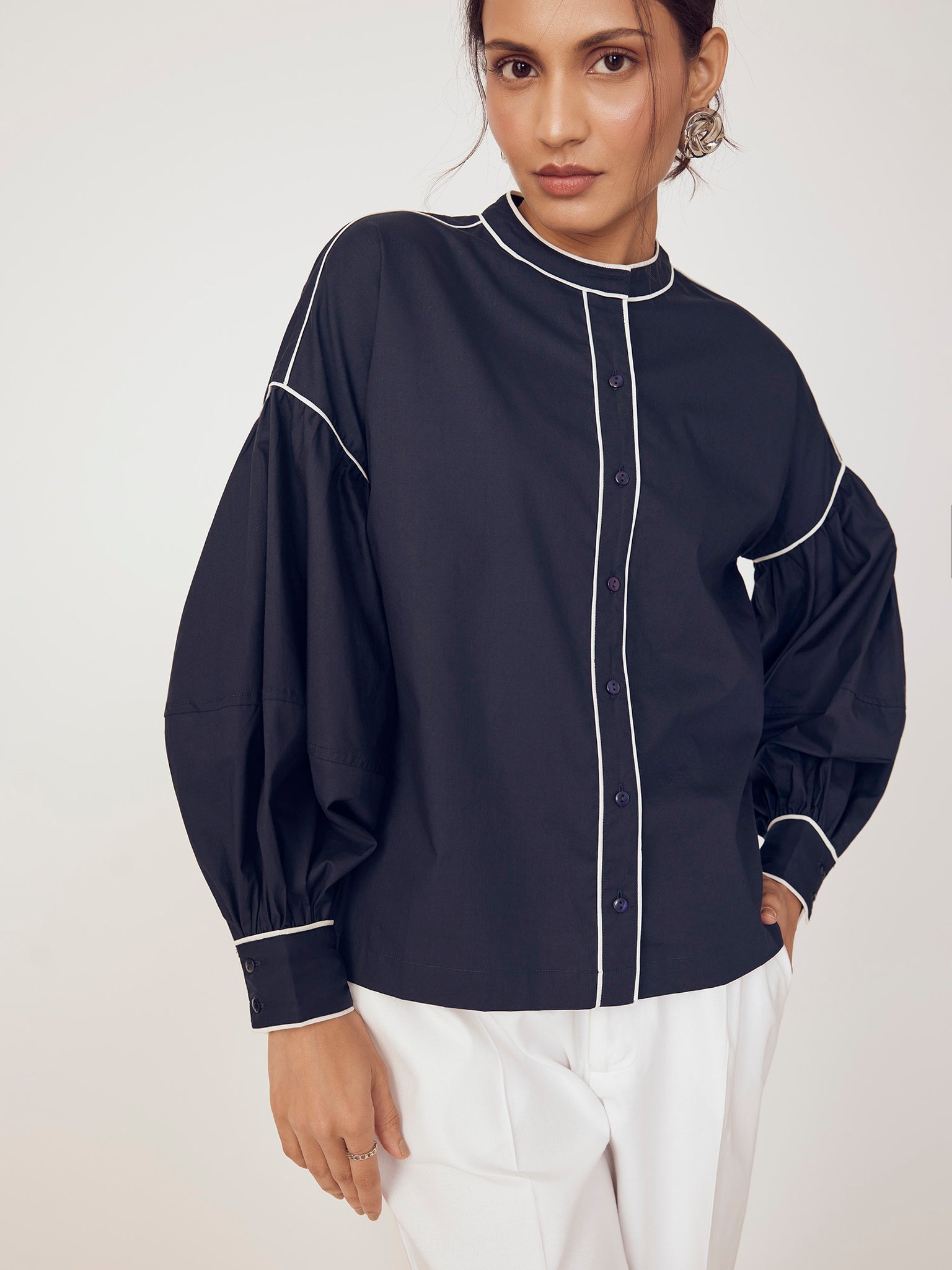 Navy & White Balloon Sleeve Shirt
Navy & White Balloon Sleeve Shirt