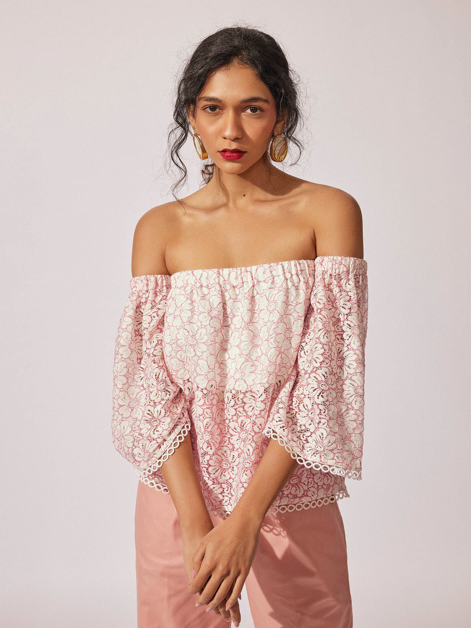 Off White Lace Off Shoulder Top
