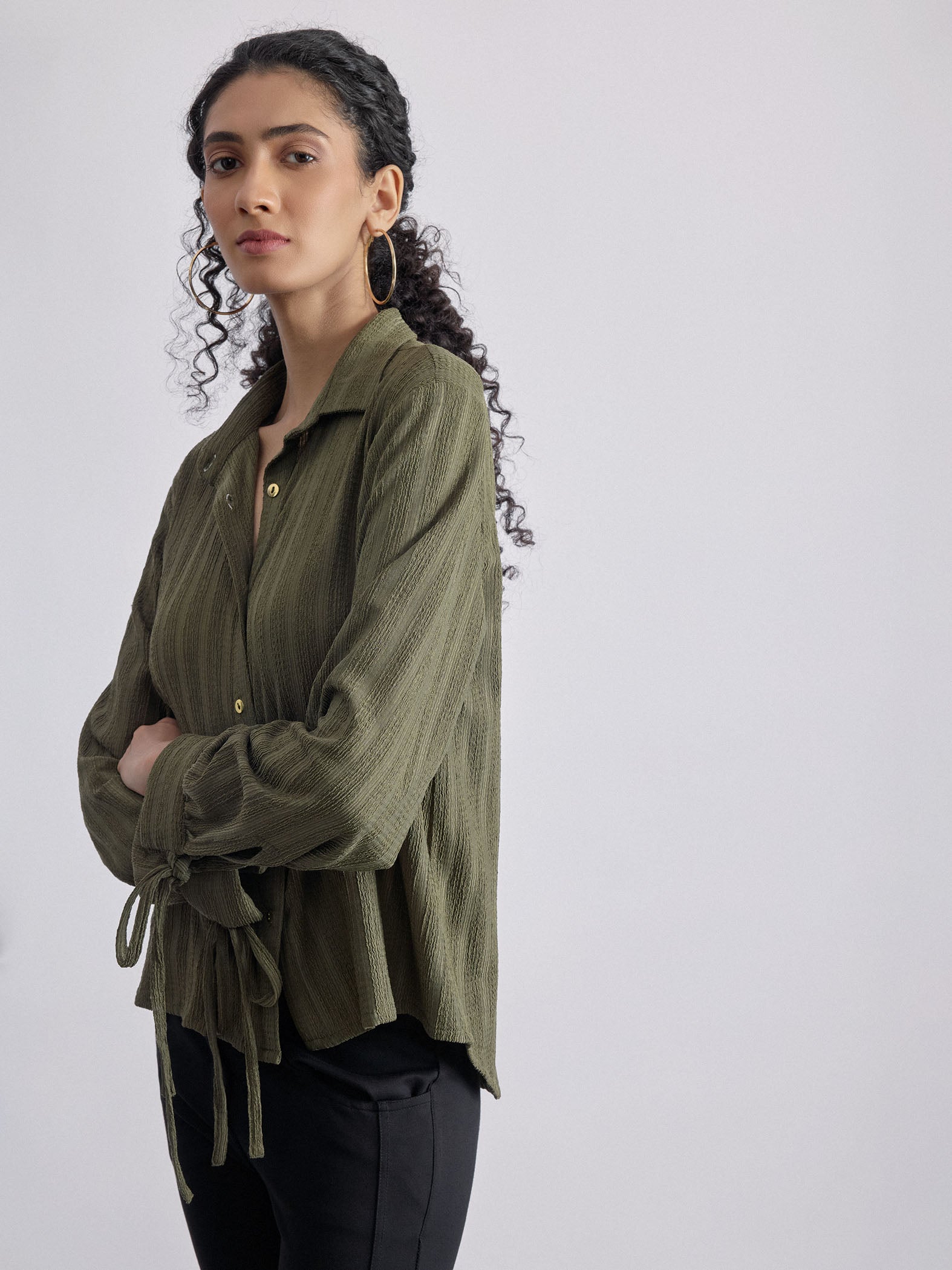 Olive Sleeve Tie Up Shirt