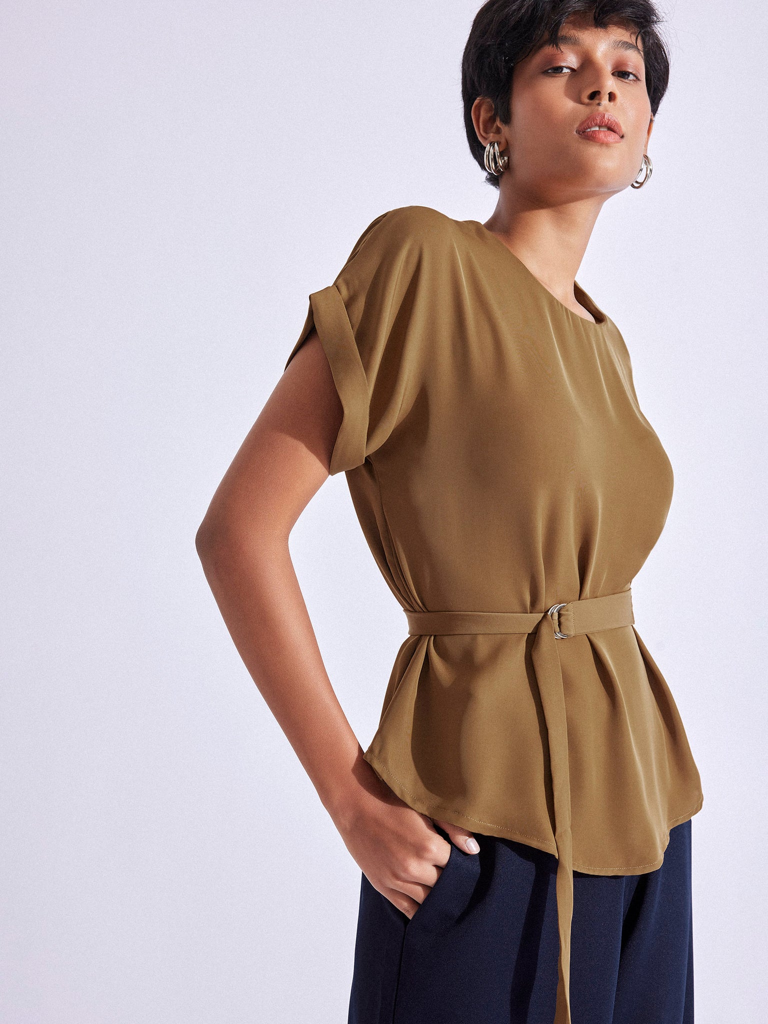 Tan Brown Buckle Belted Peplum Top 
Tan Brown Buckle Belted Peplum Top