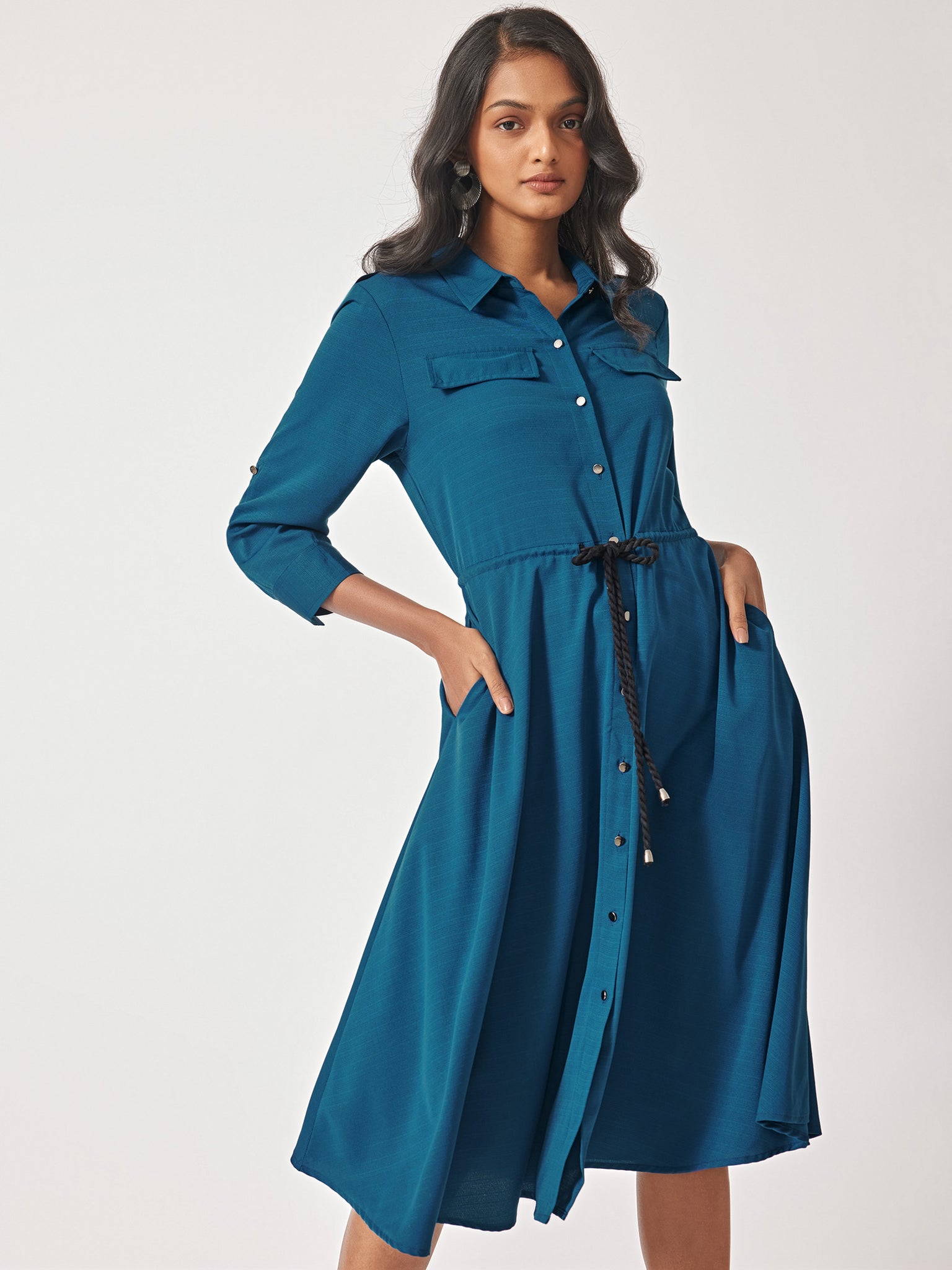 Teal Blue Drawstring Midi Dress 
Teal Blue Drawstring Midi Dress