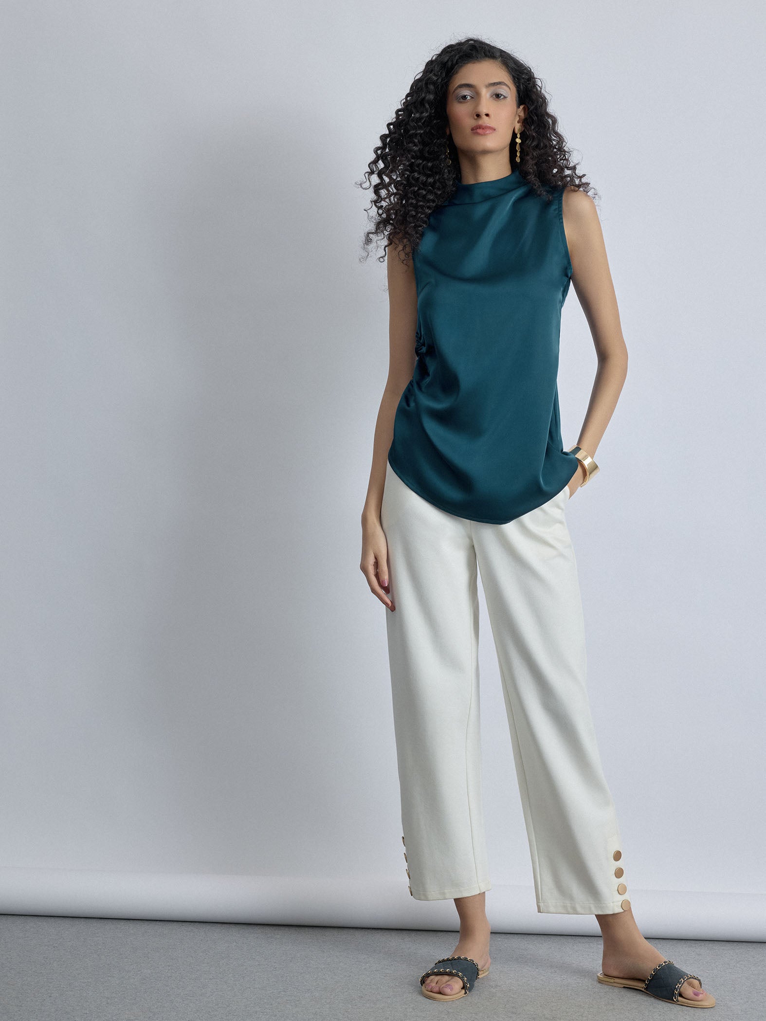 Teal Satin Ruched Top