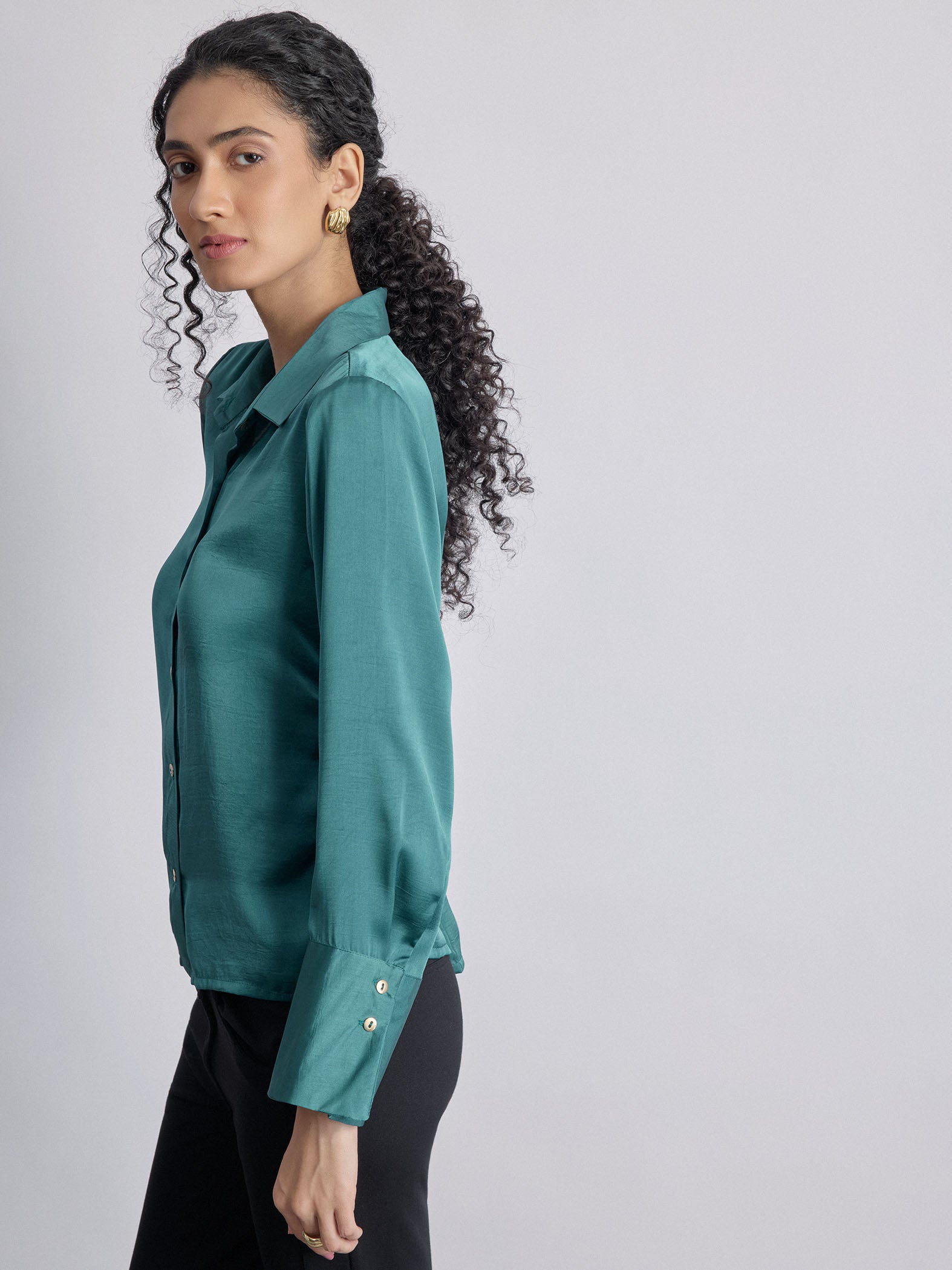 Teal Satin Side Ruched Shirt